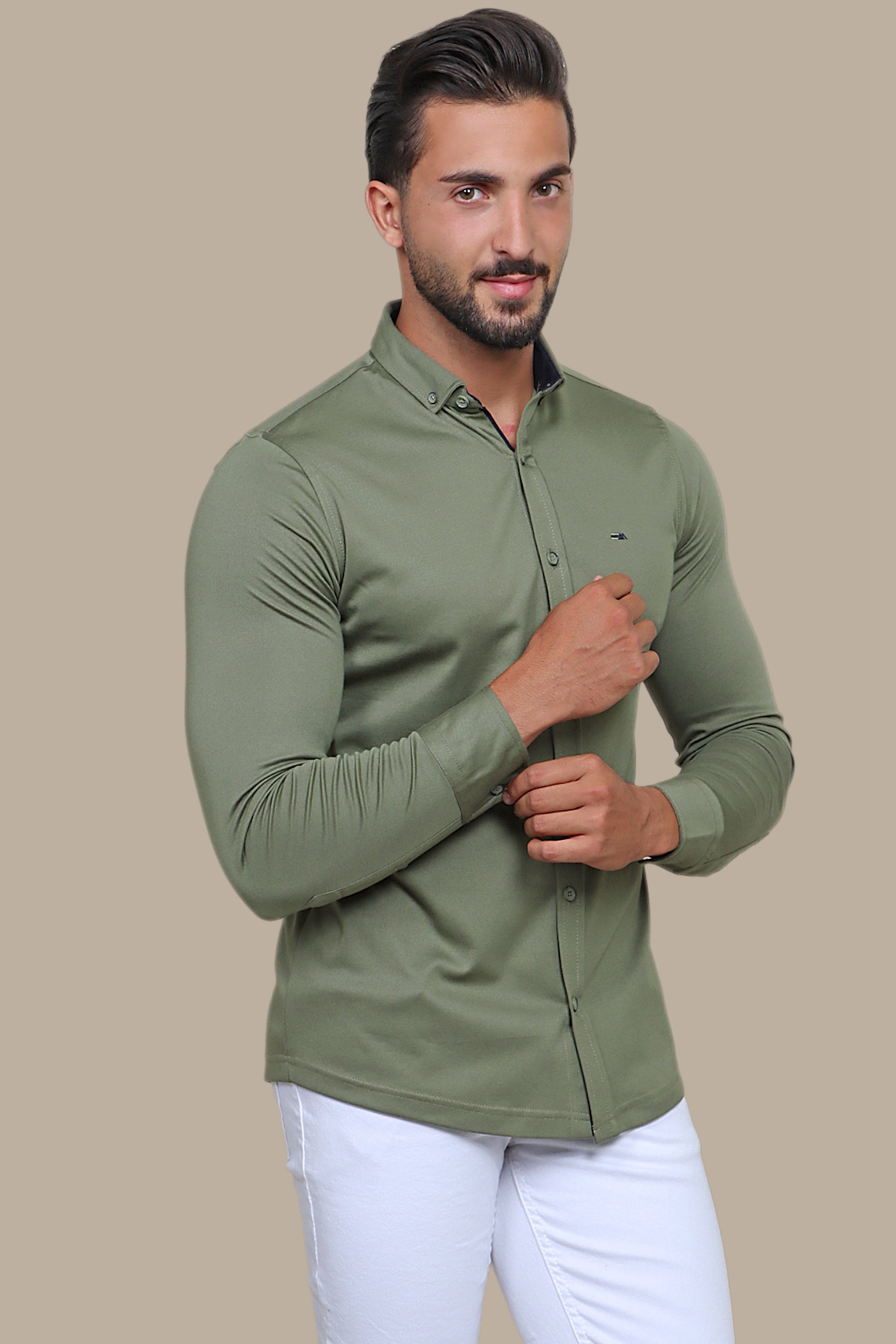 Khaki Comfort: Lycra Shirt with Small Collar