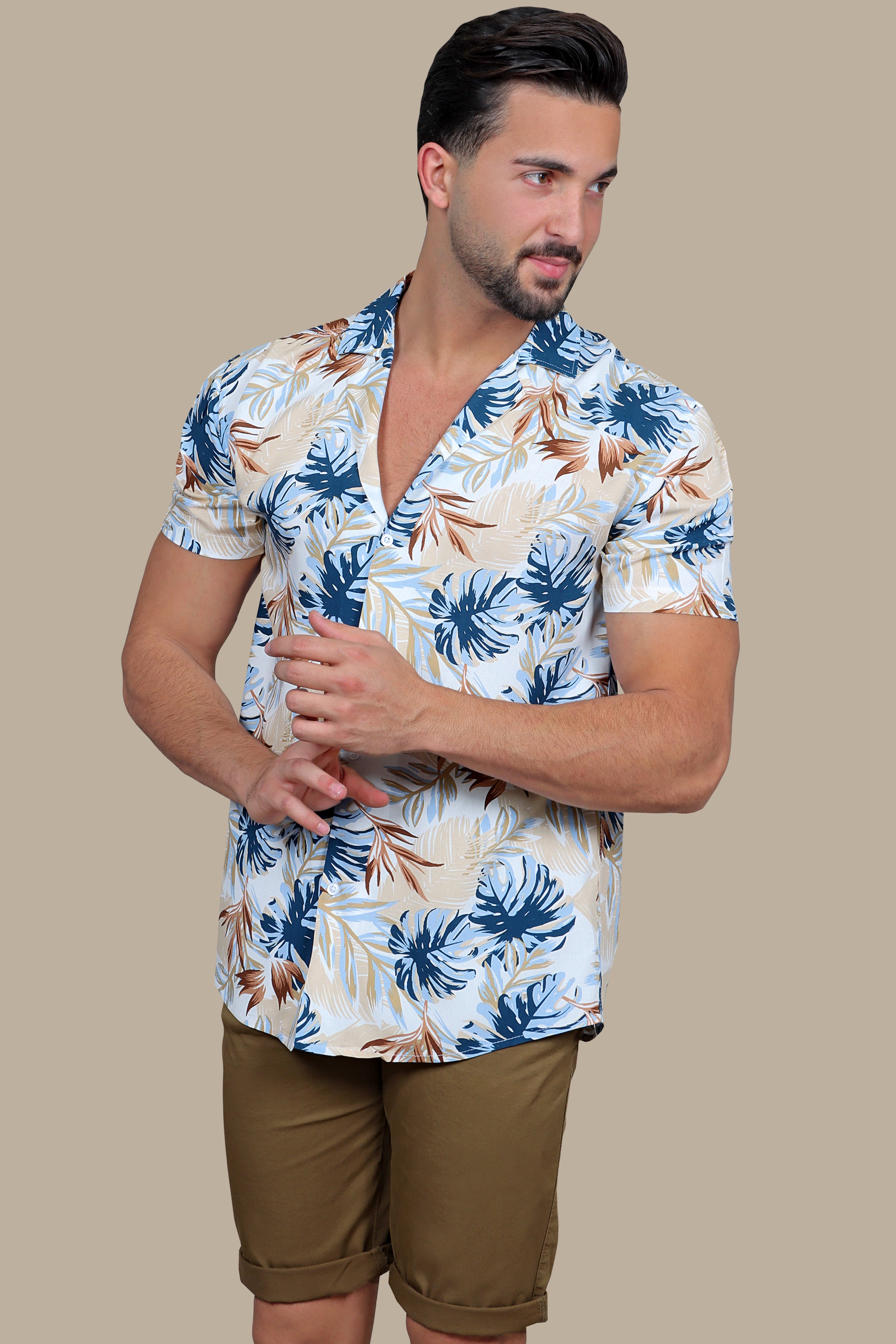 Island Breeze: Light Blue Hawaii Shirt with Leaves Prin