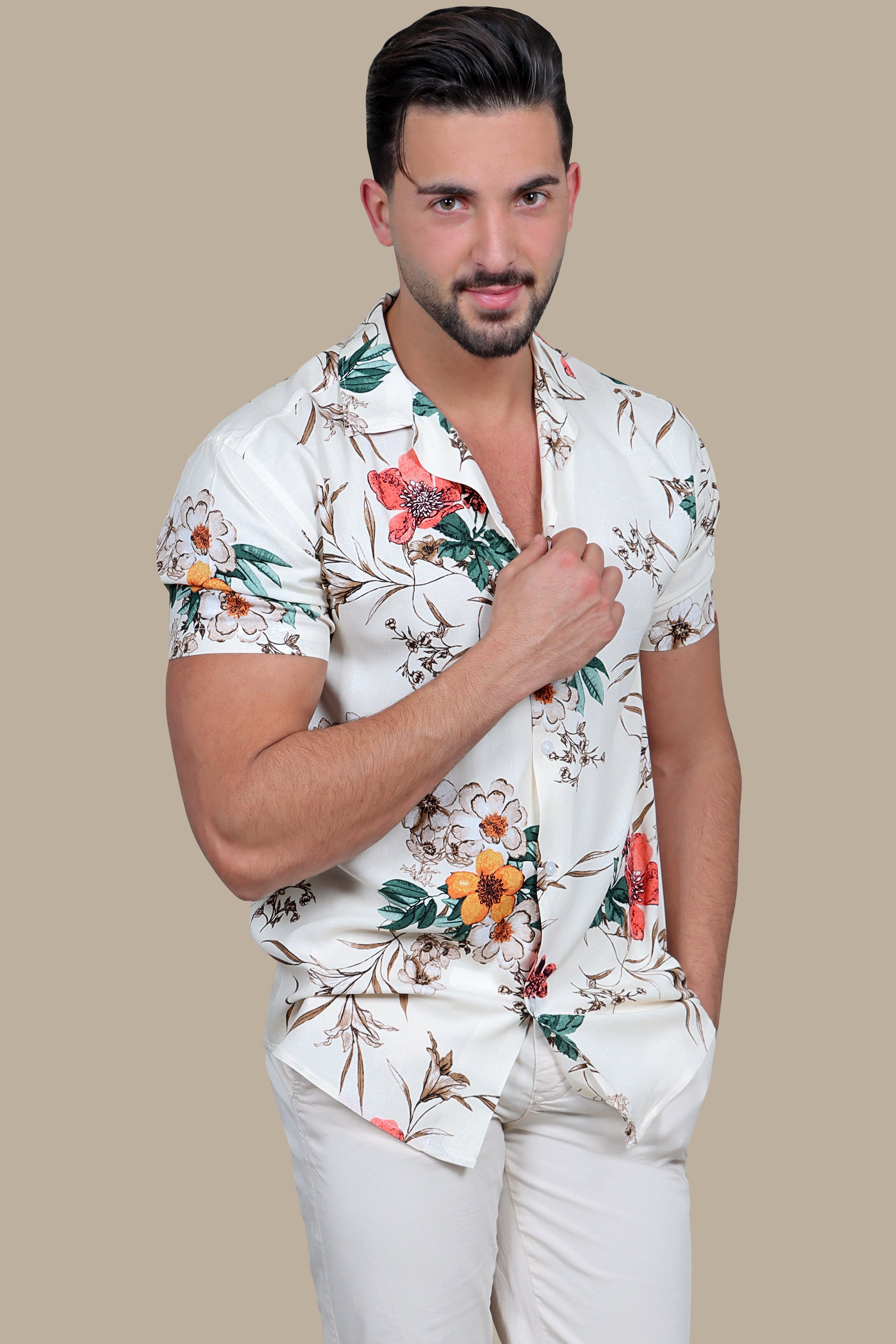 Tropical Blossom: Beige Hawaiian Shirt with Brown Flower & Pink Print