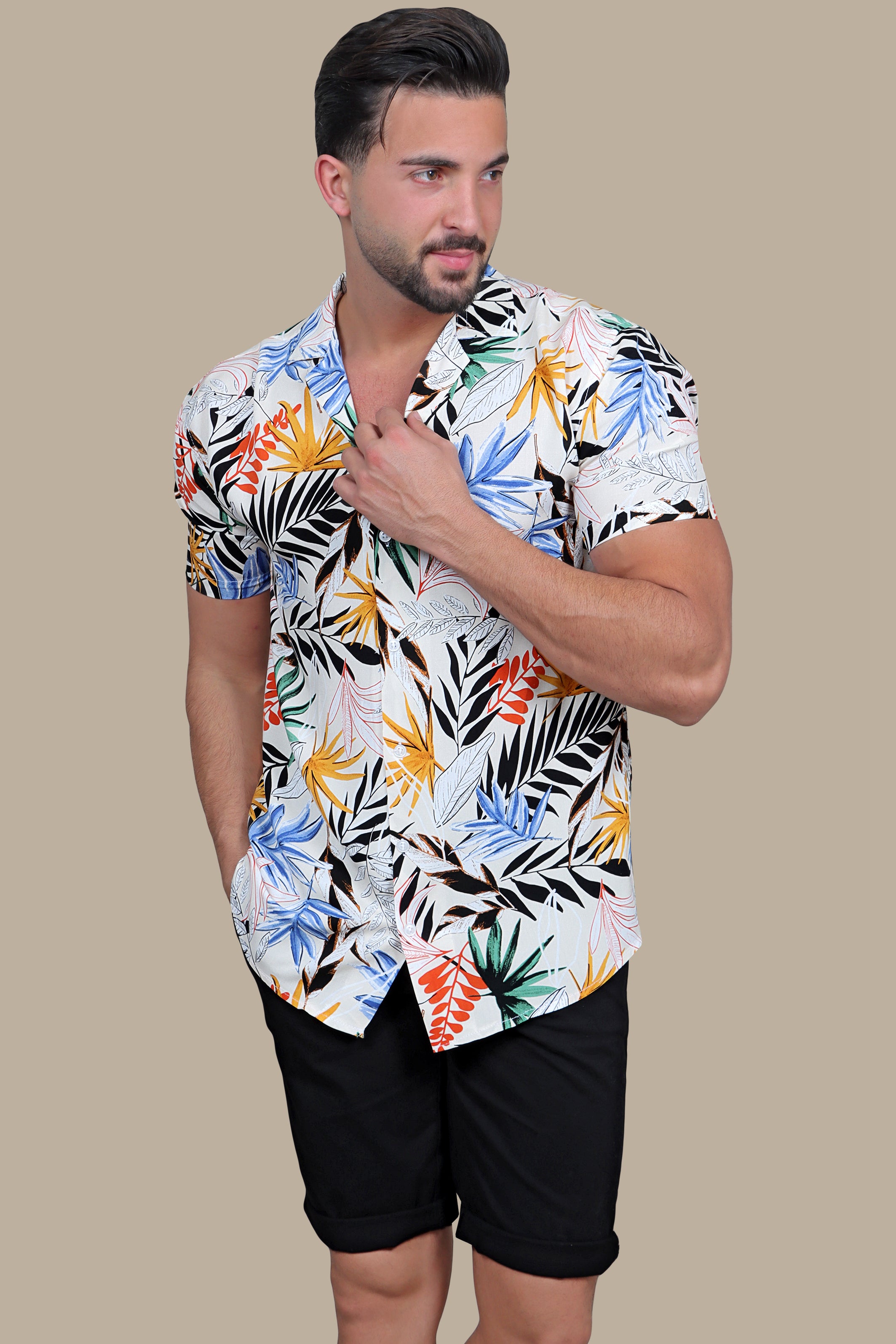 Island Elegance: Beige Multi-Color Leaf Print Hawaiian Shirt