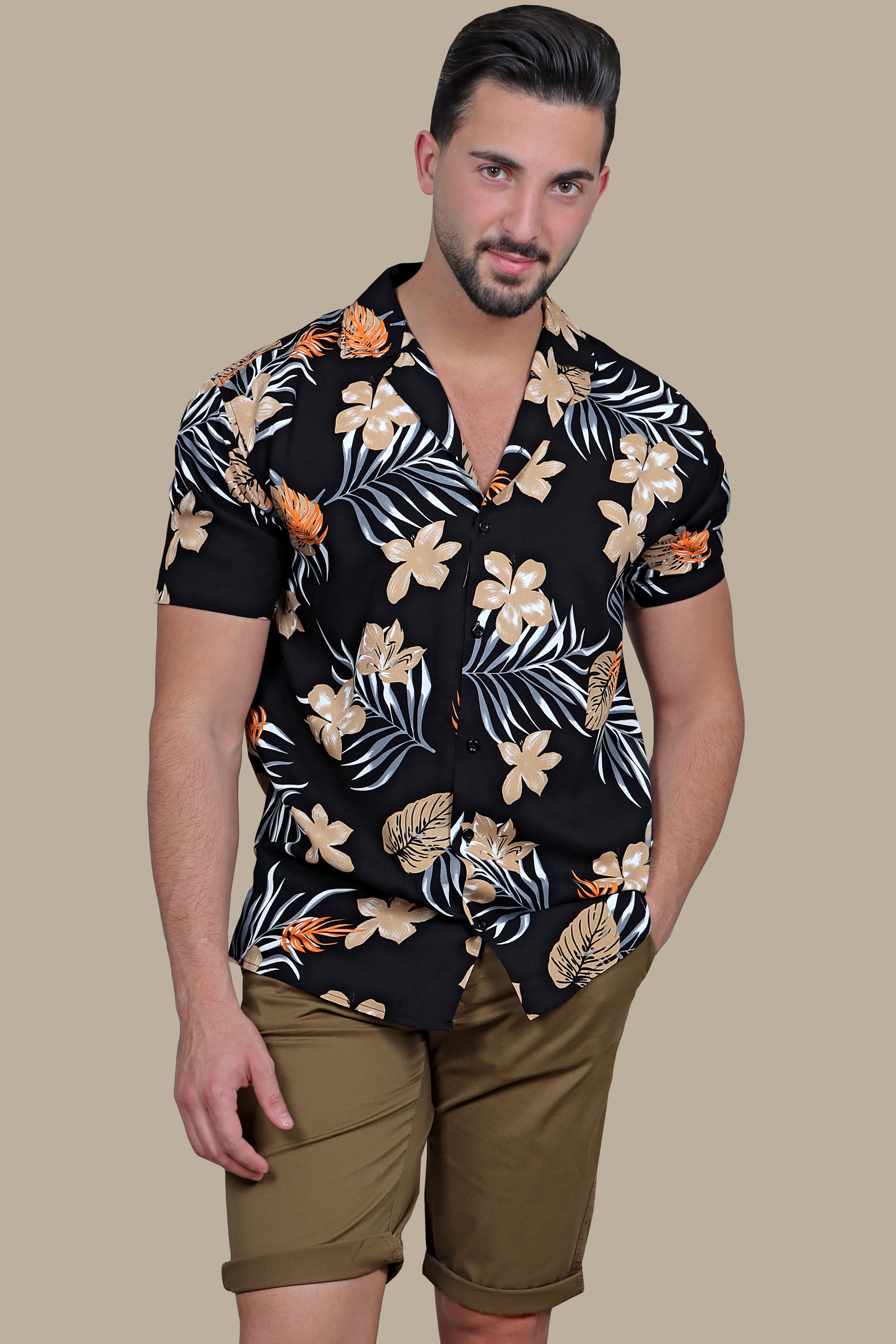 Night Bloom: Black Hawaii Shirt with Beige Flowers