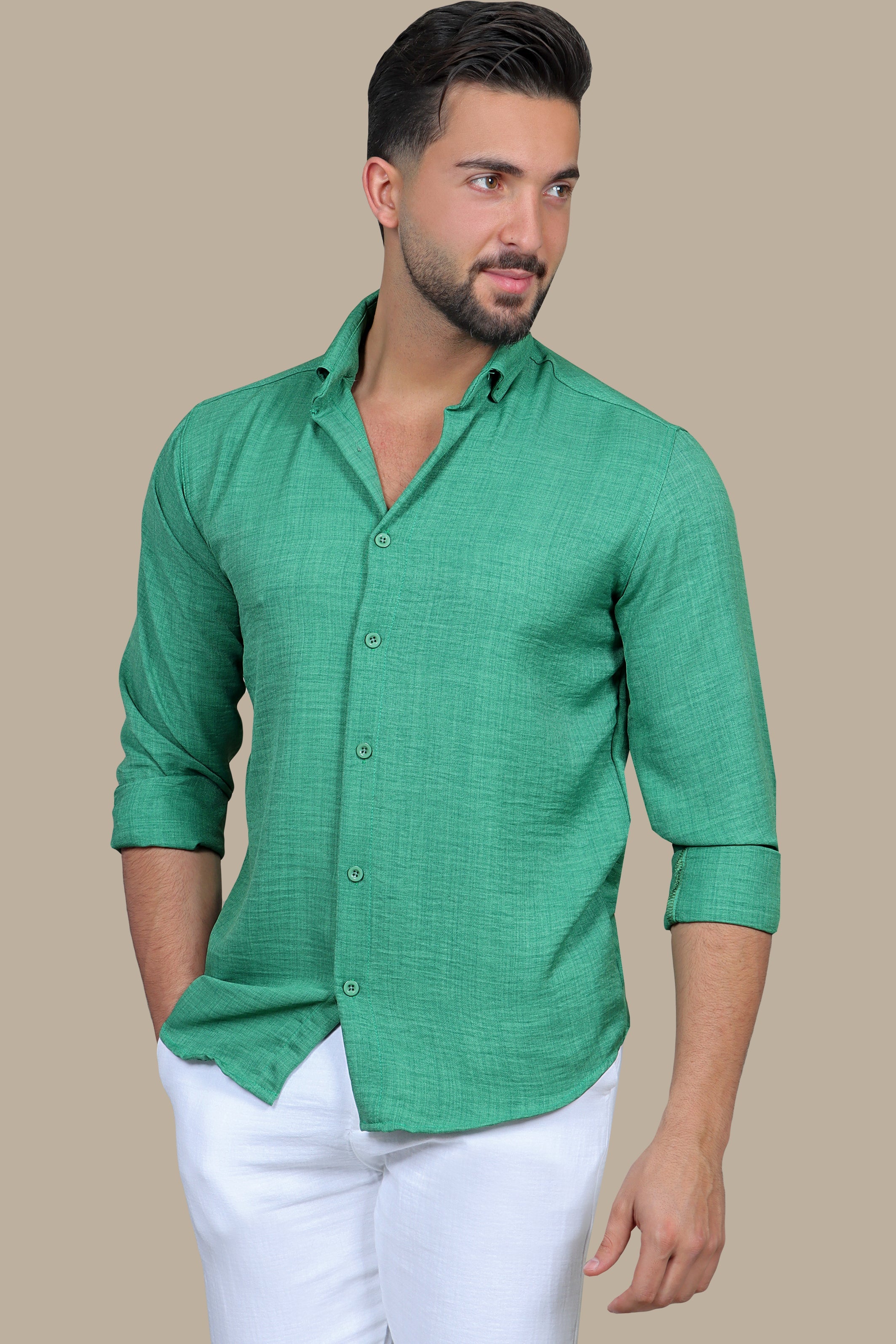 Evergreen Elegance: Classic Long Sleeve Linen Shirt