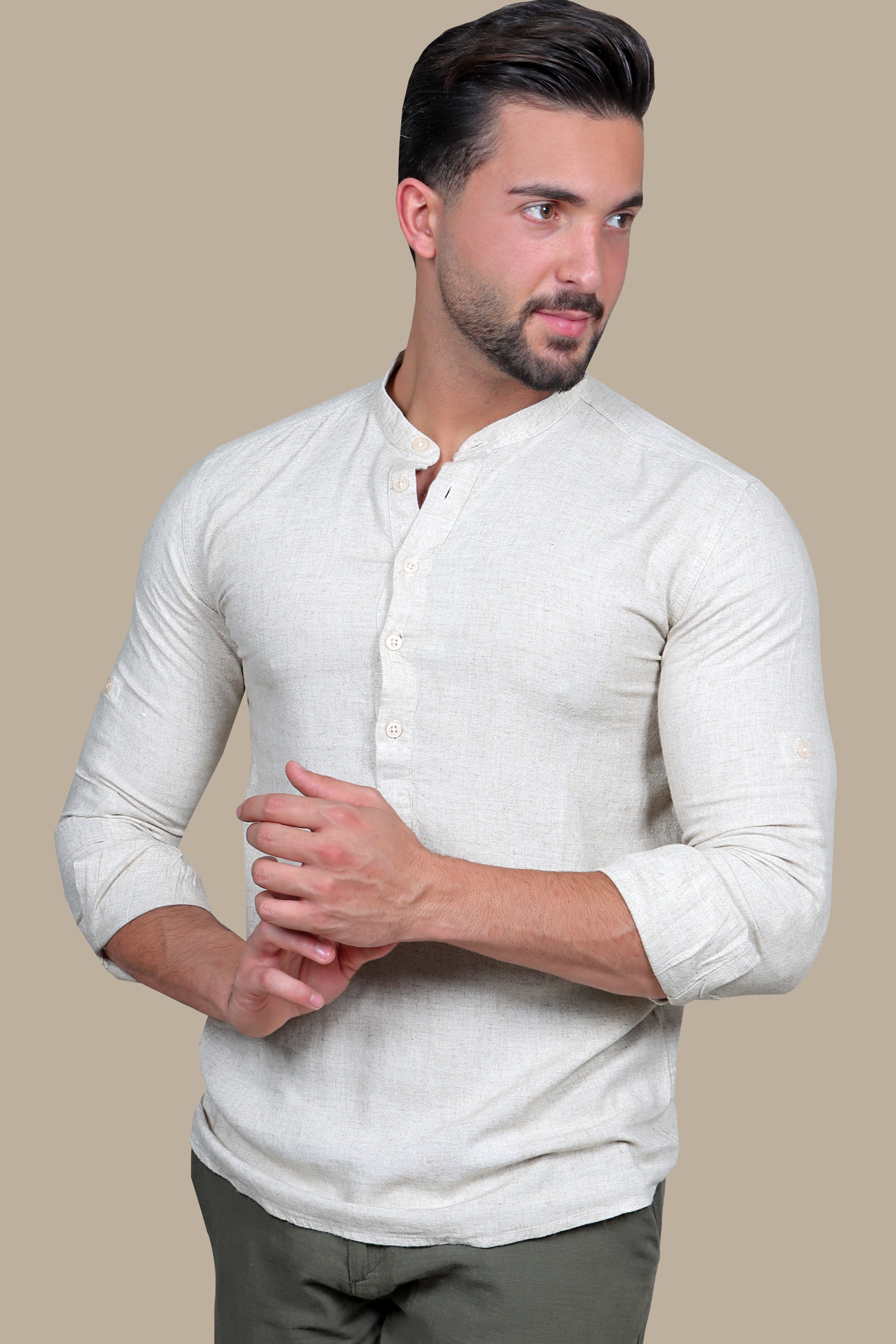 Beige Bliss: Linen Long Sleeve Shirt with Mandarin Collar