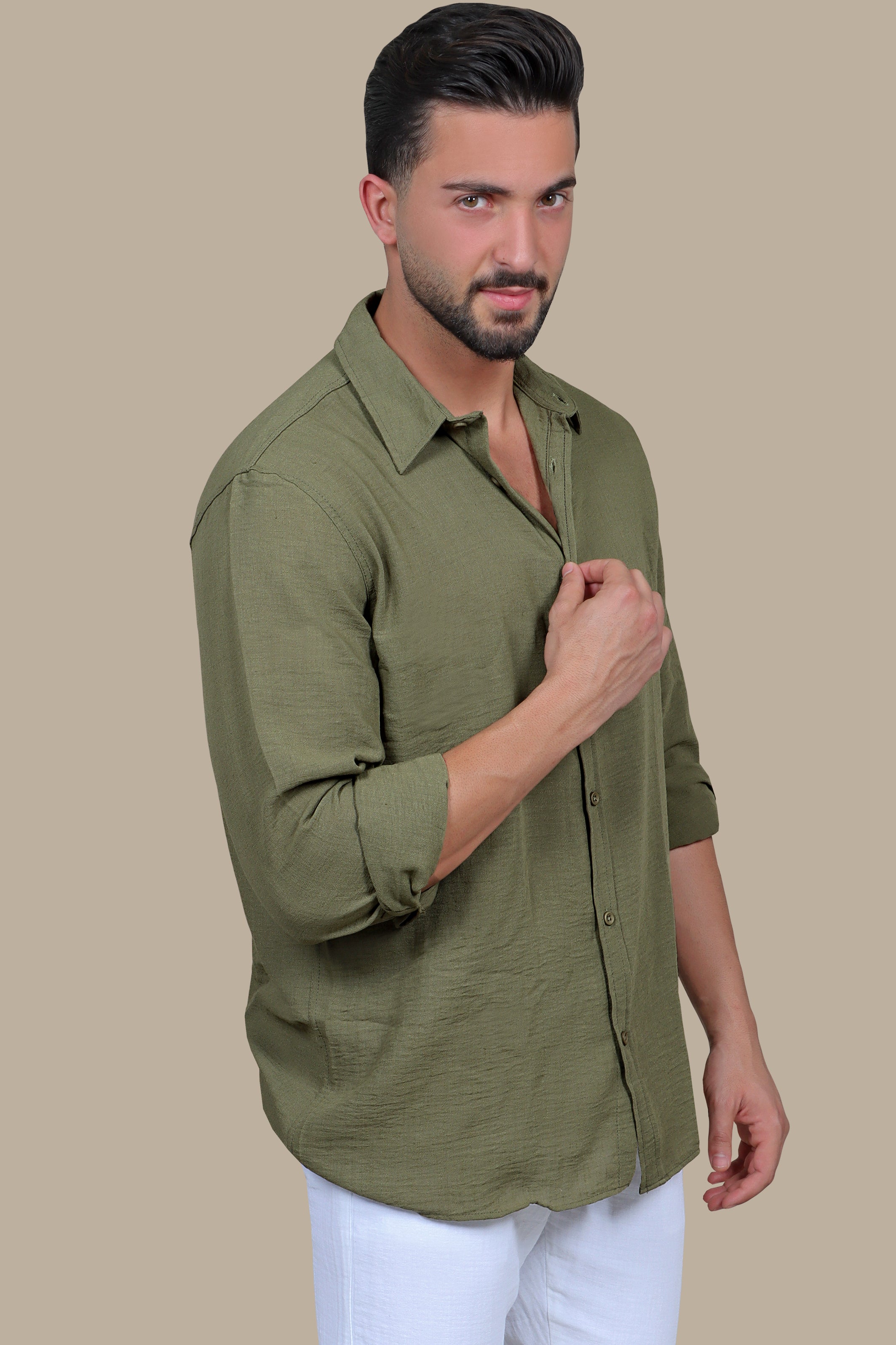 Olive Oasis: Long Sleeve Plain Linen Shirt