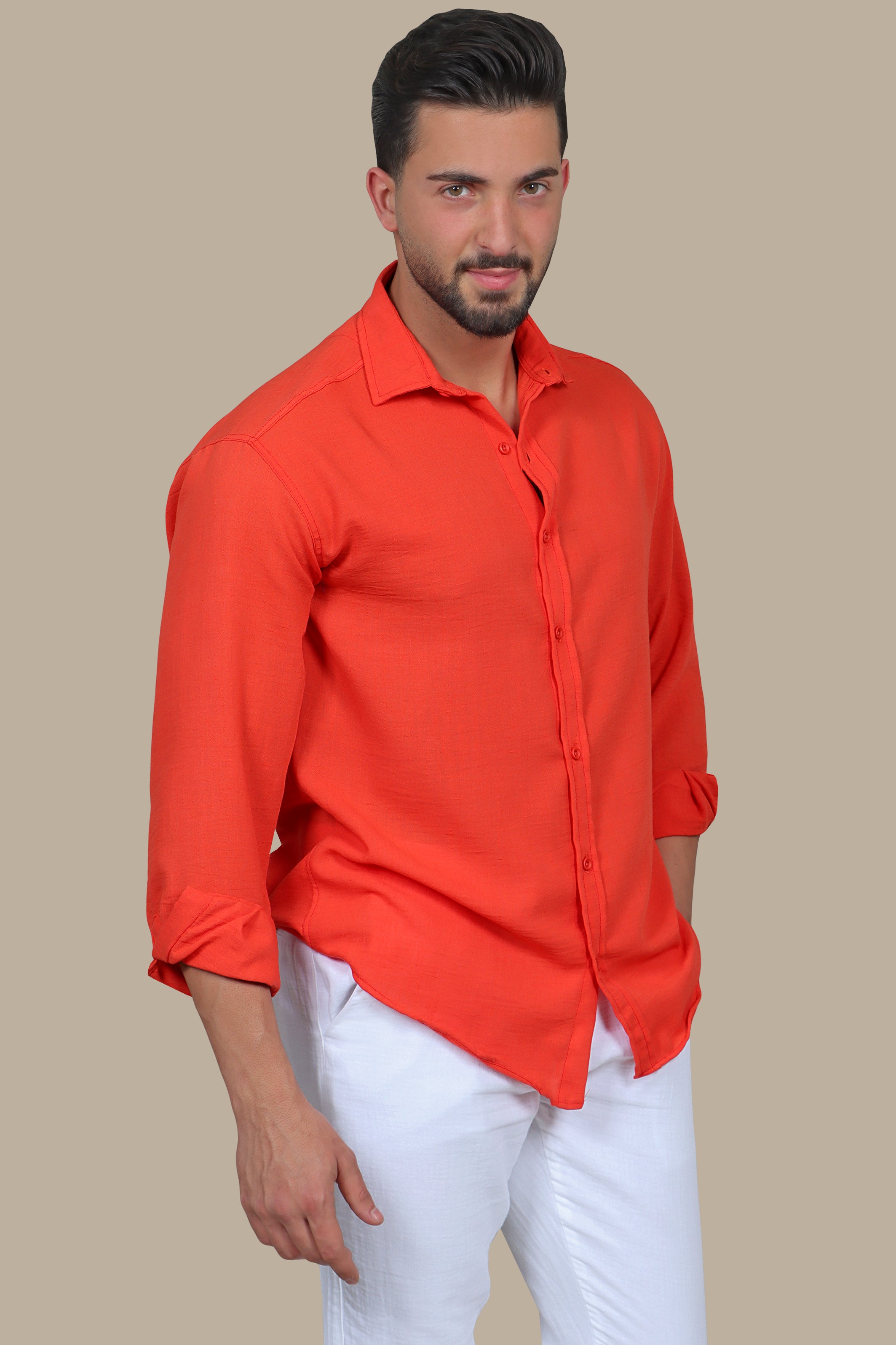 Coral Comfort: Long Sleeve Plain Linen Shirt