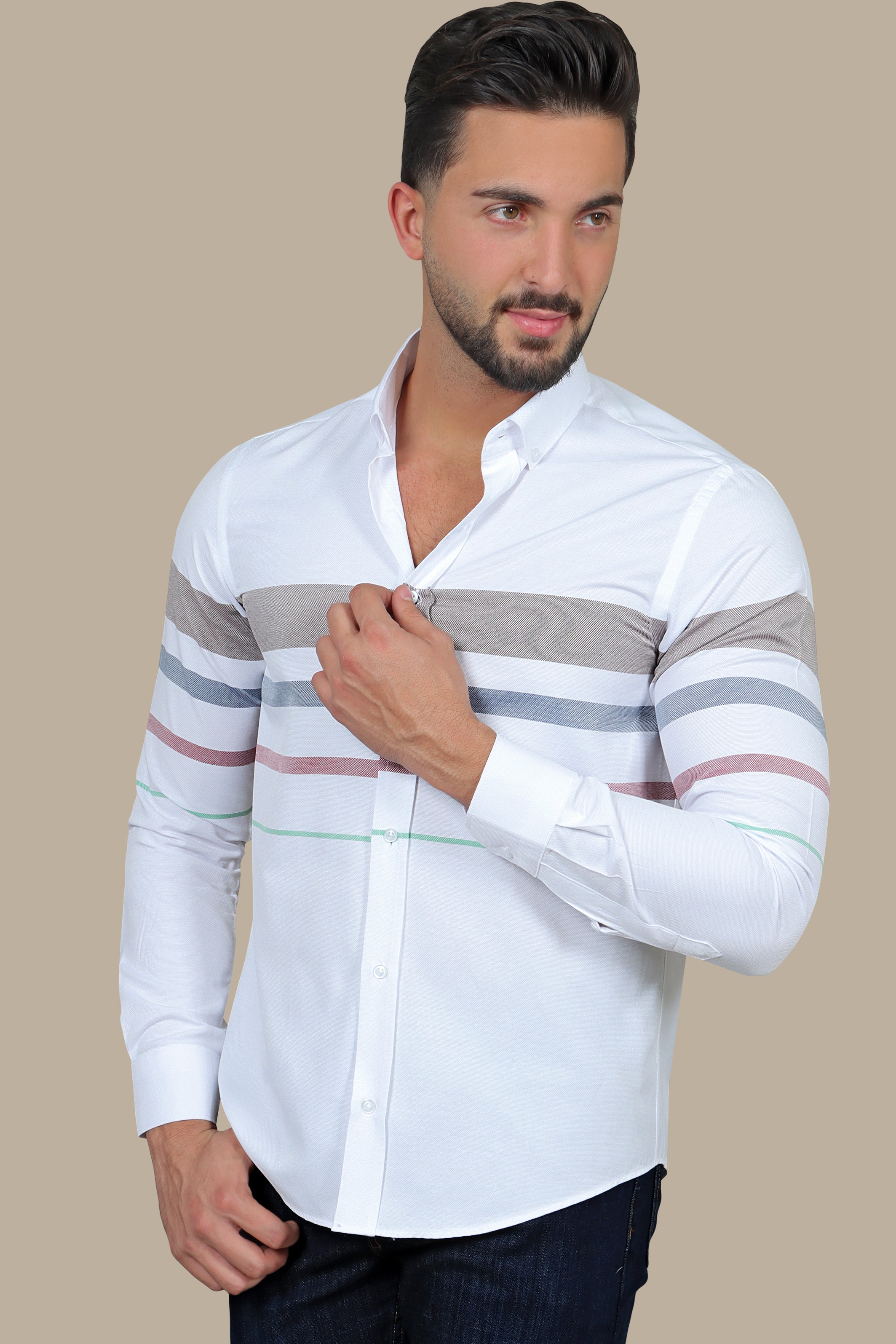 Earth Tone Elegance: Brown-White Striped Degradé Shirt