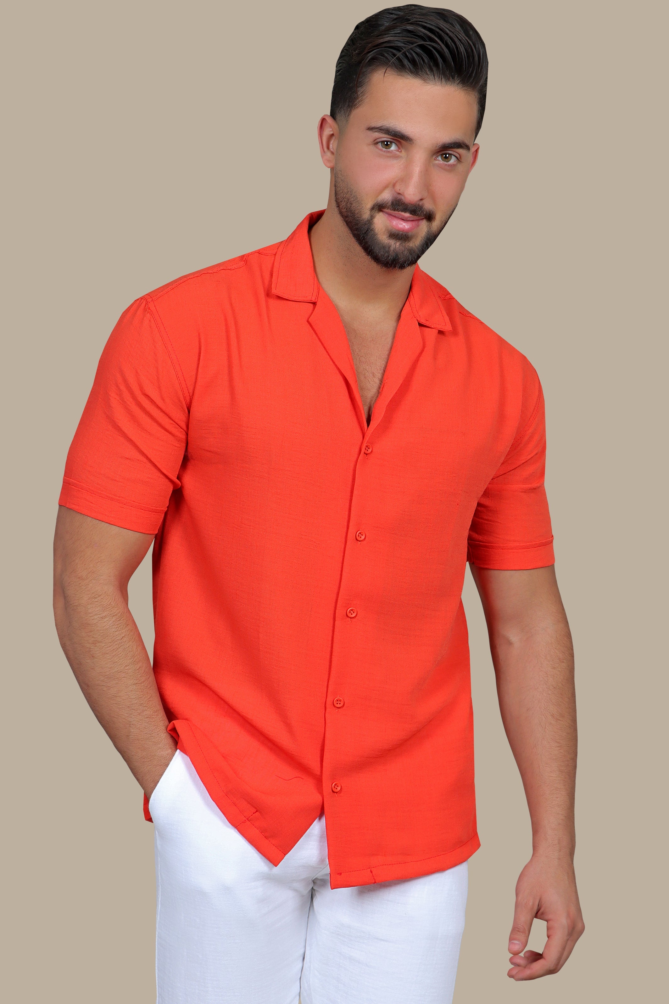 Coral Breeze: Linen Elegance in Short Sleeve Shirt