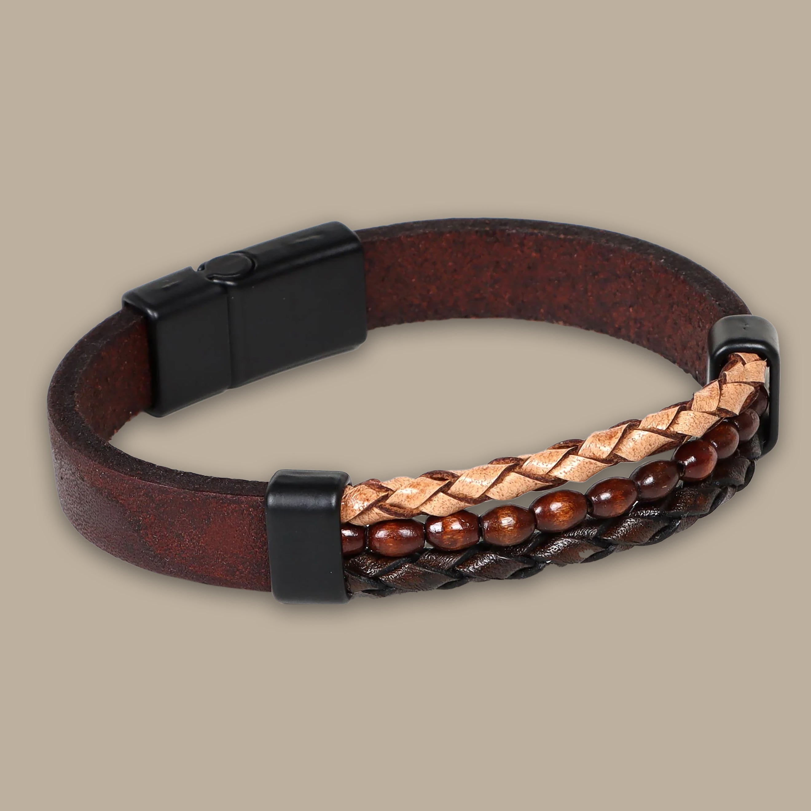 Bracelet 3 Layers Braided & Stones | Brown