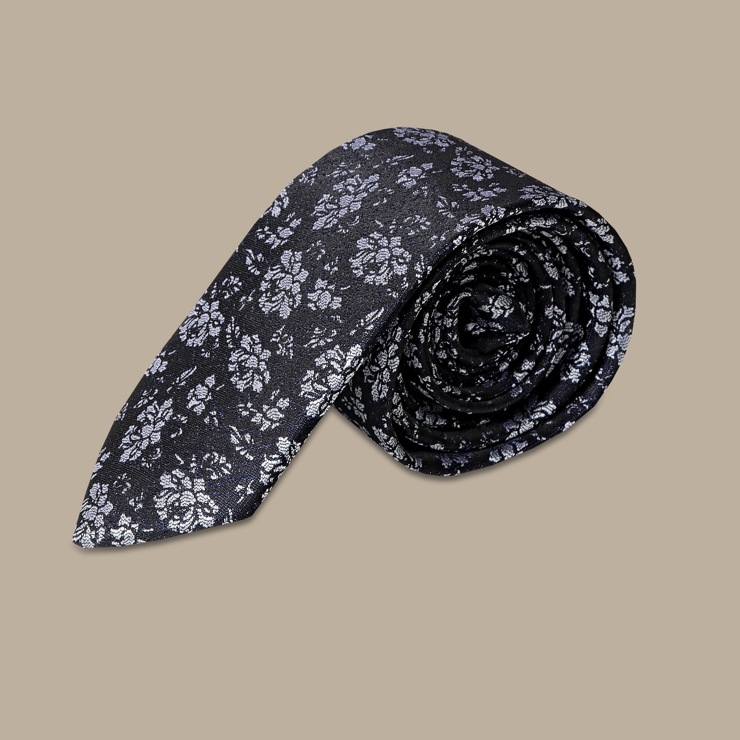 Midnight Blossom: Black Flower Print Tie Set