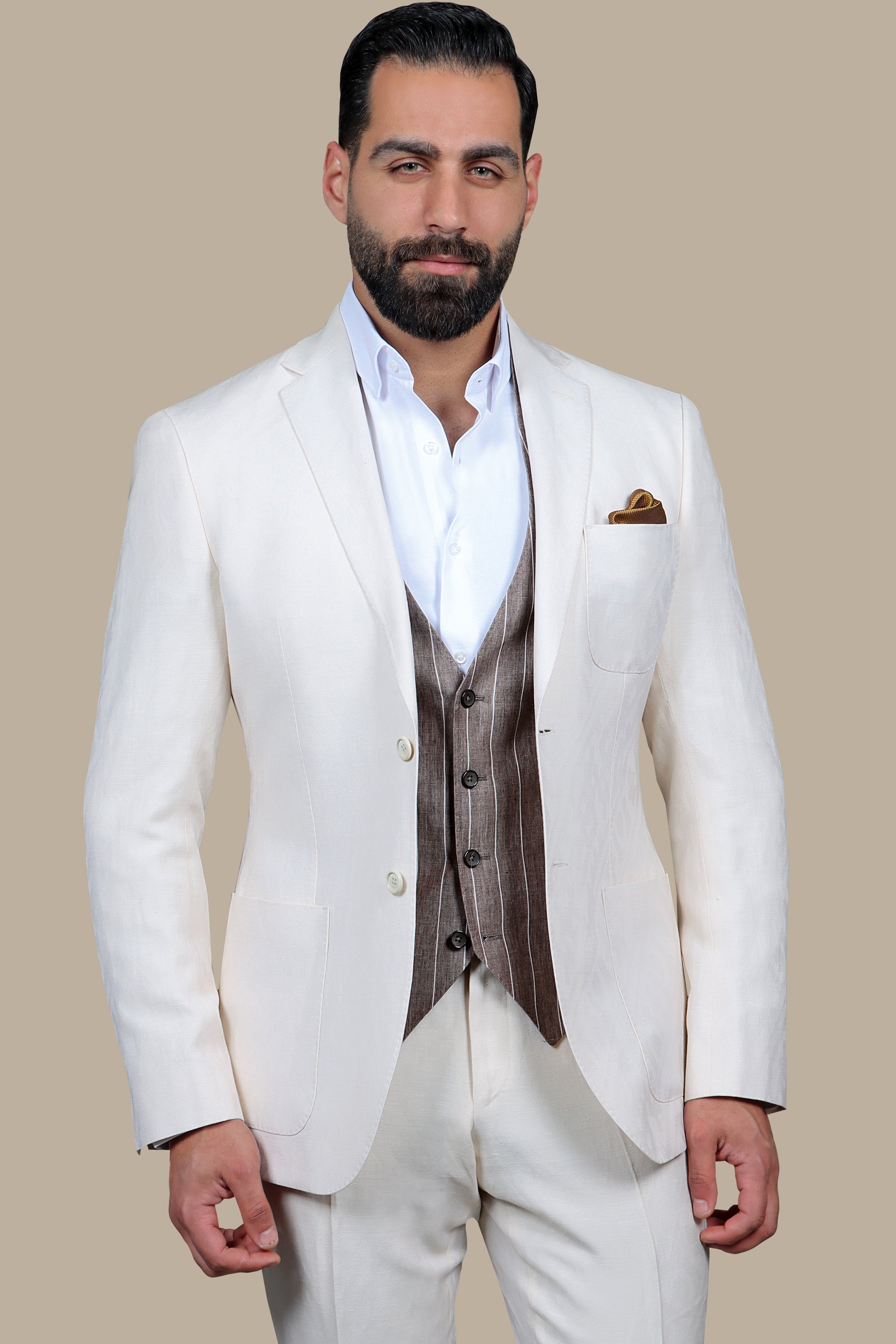Refined Elegance: The FV Special Collection Off-White Suit with Structured Striped Vest