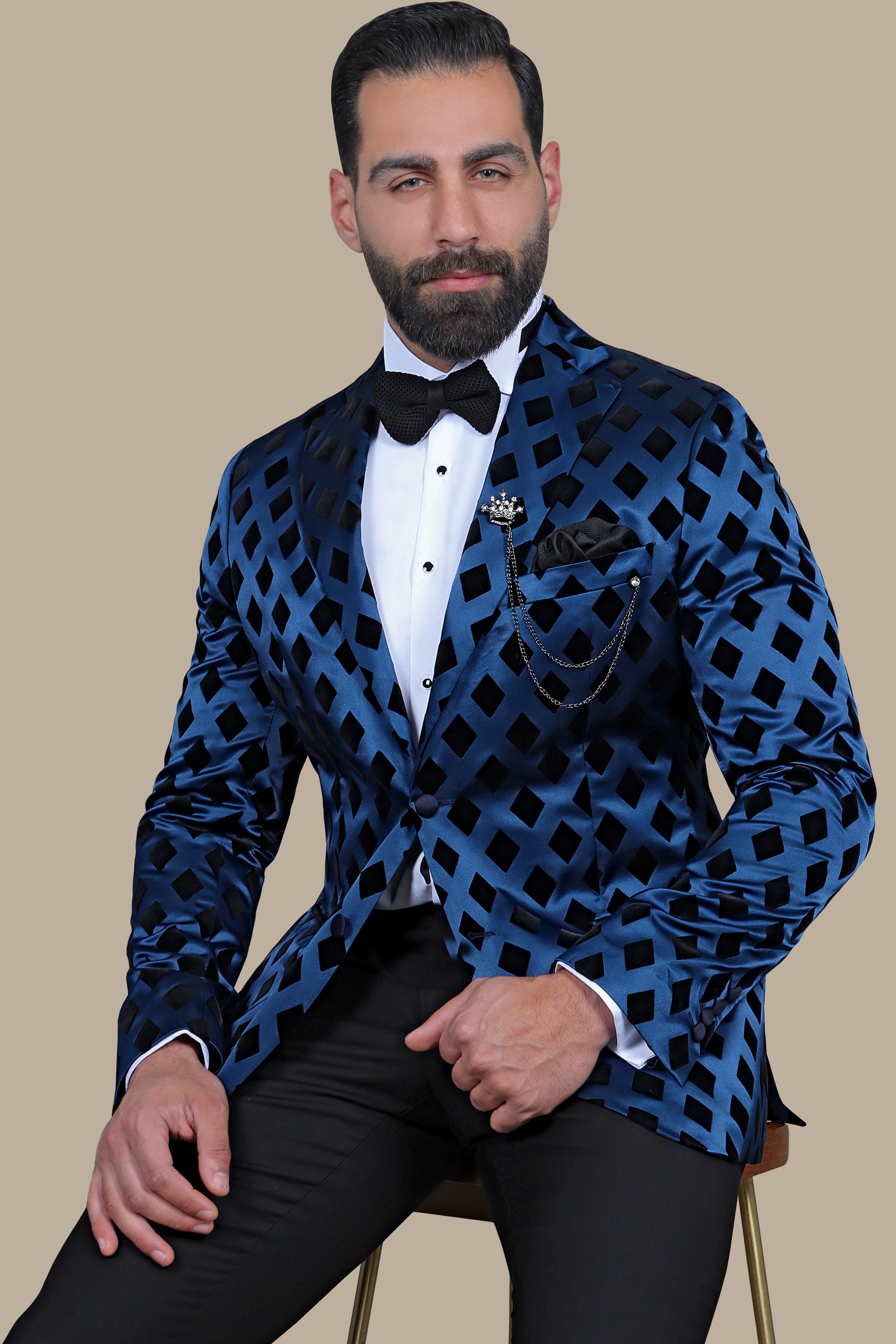 Smoked Blue Elegance: FV Special Collection Blazer with Black Lozenge Print