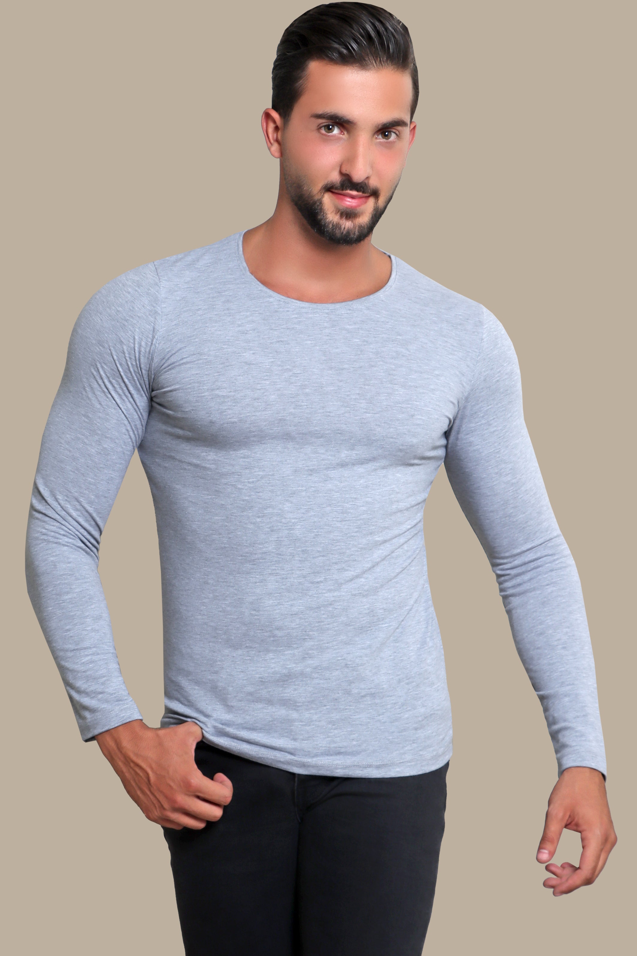Light Gray Elegance: Long Sleeve Basic Round Neck T-Shirt
