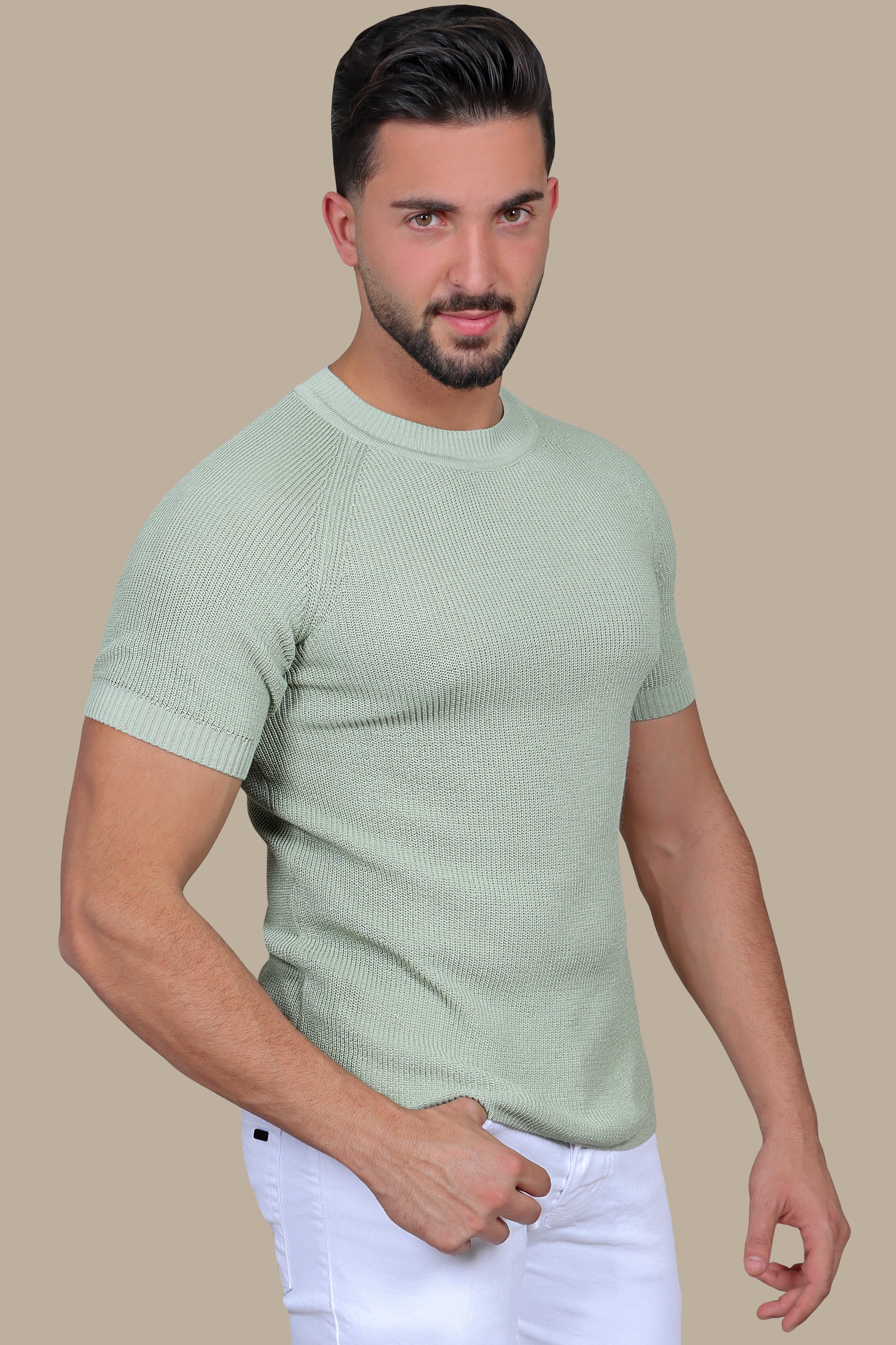 Classic Comfort: Olive Knitted Round Neck T-Shirt