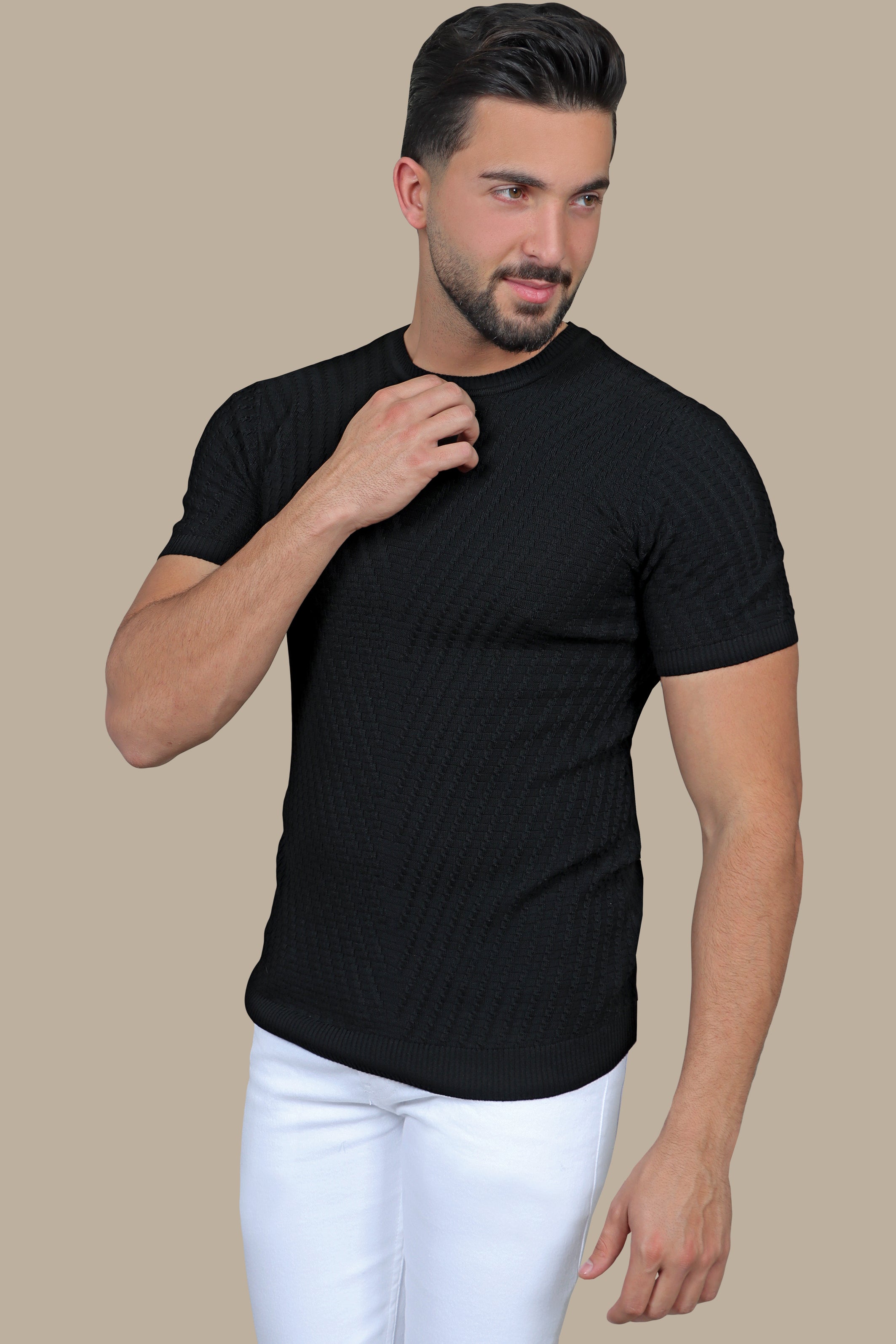 Classic Black: Knitted Round Neck T-Shirt
