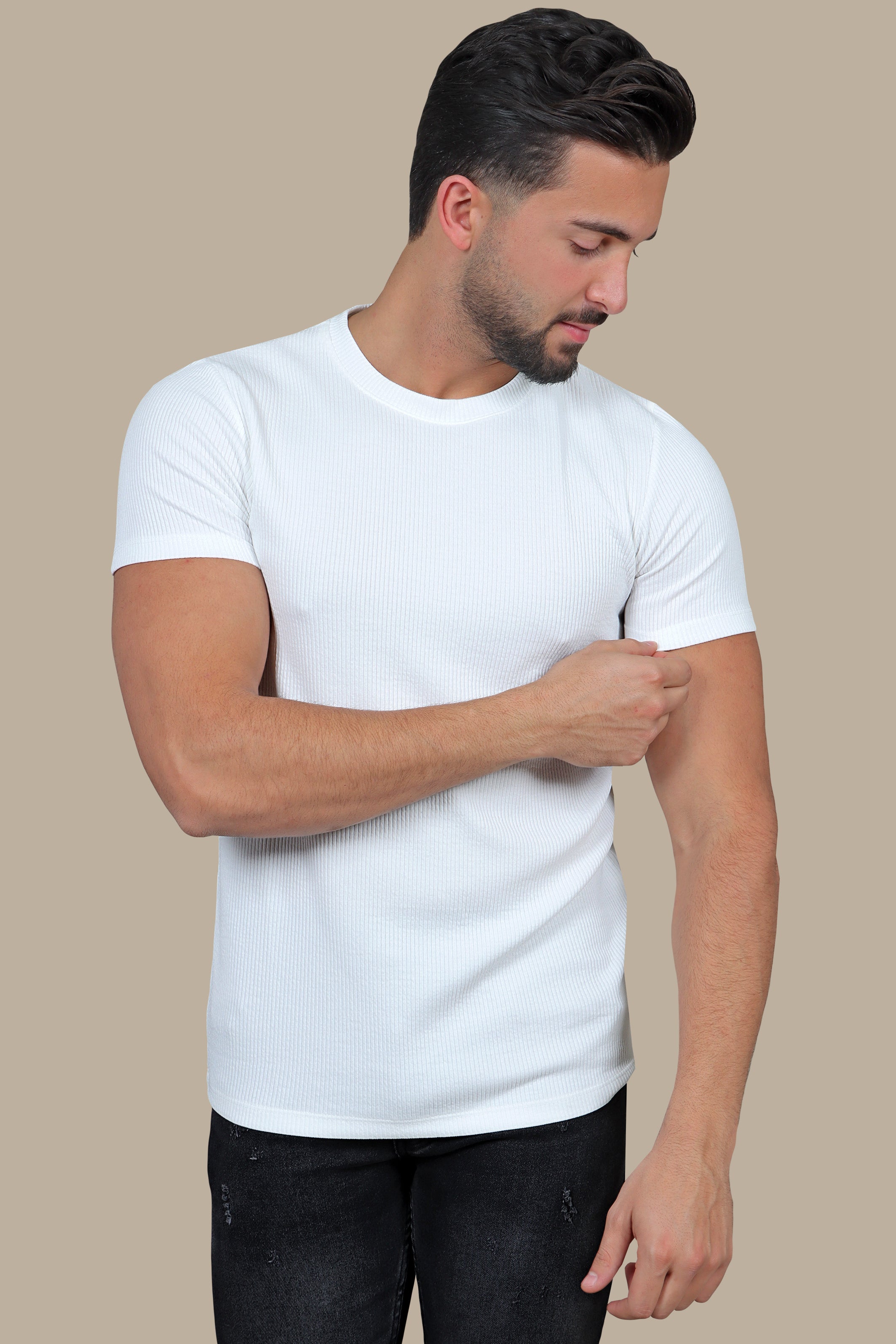 Urban Edge: White Ripped Vertical Round Neck T-Shirt