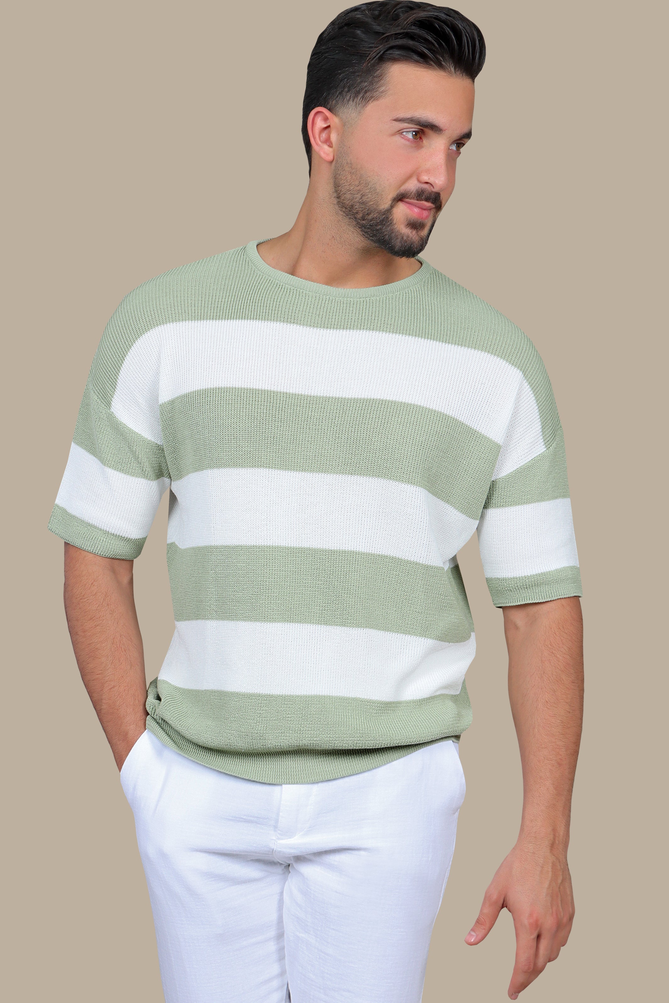 Olive Wide Striped Oversized T-Shirt with 3/4 Sleeves