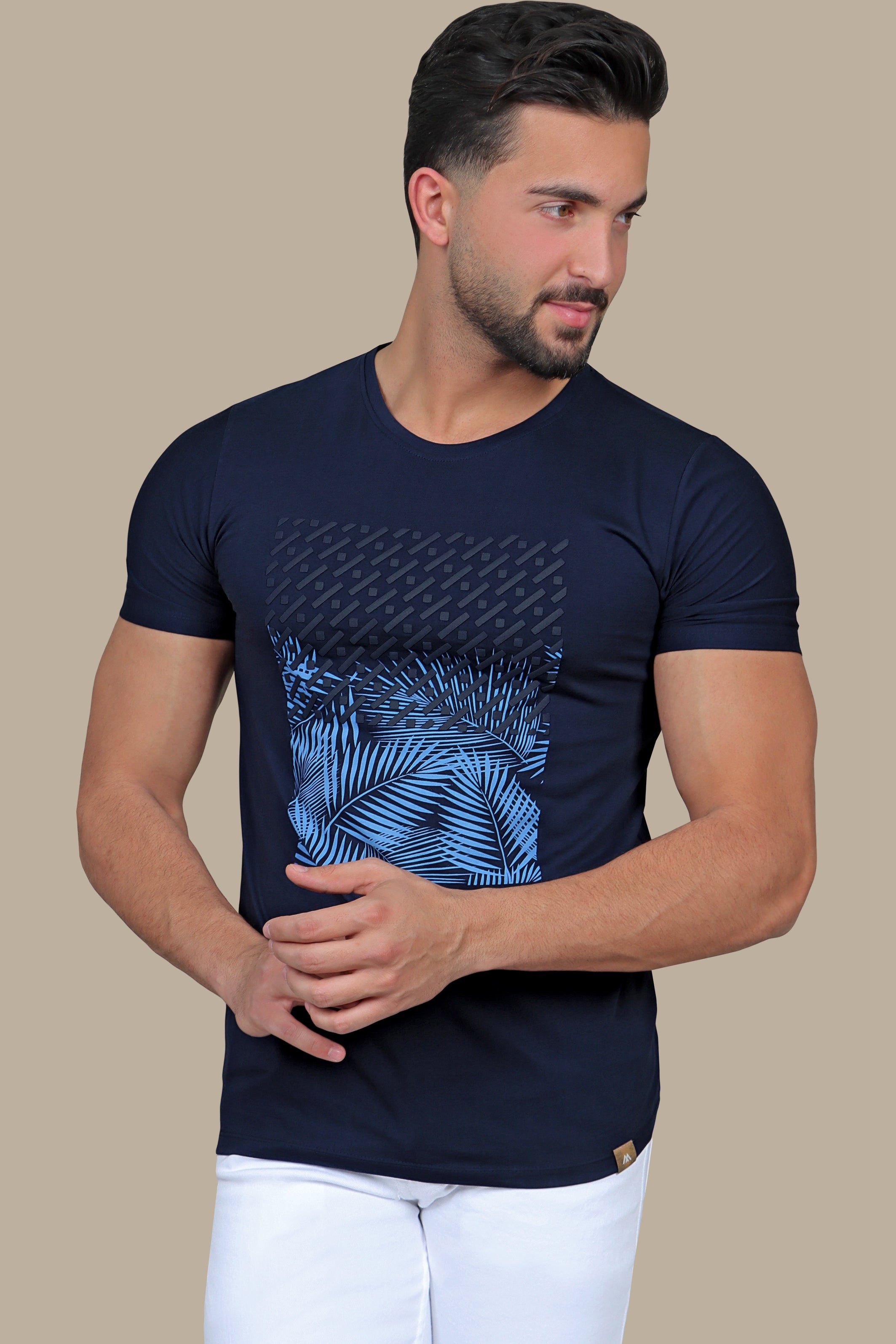 Navy Leafy Elegance: Printed T-shirt