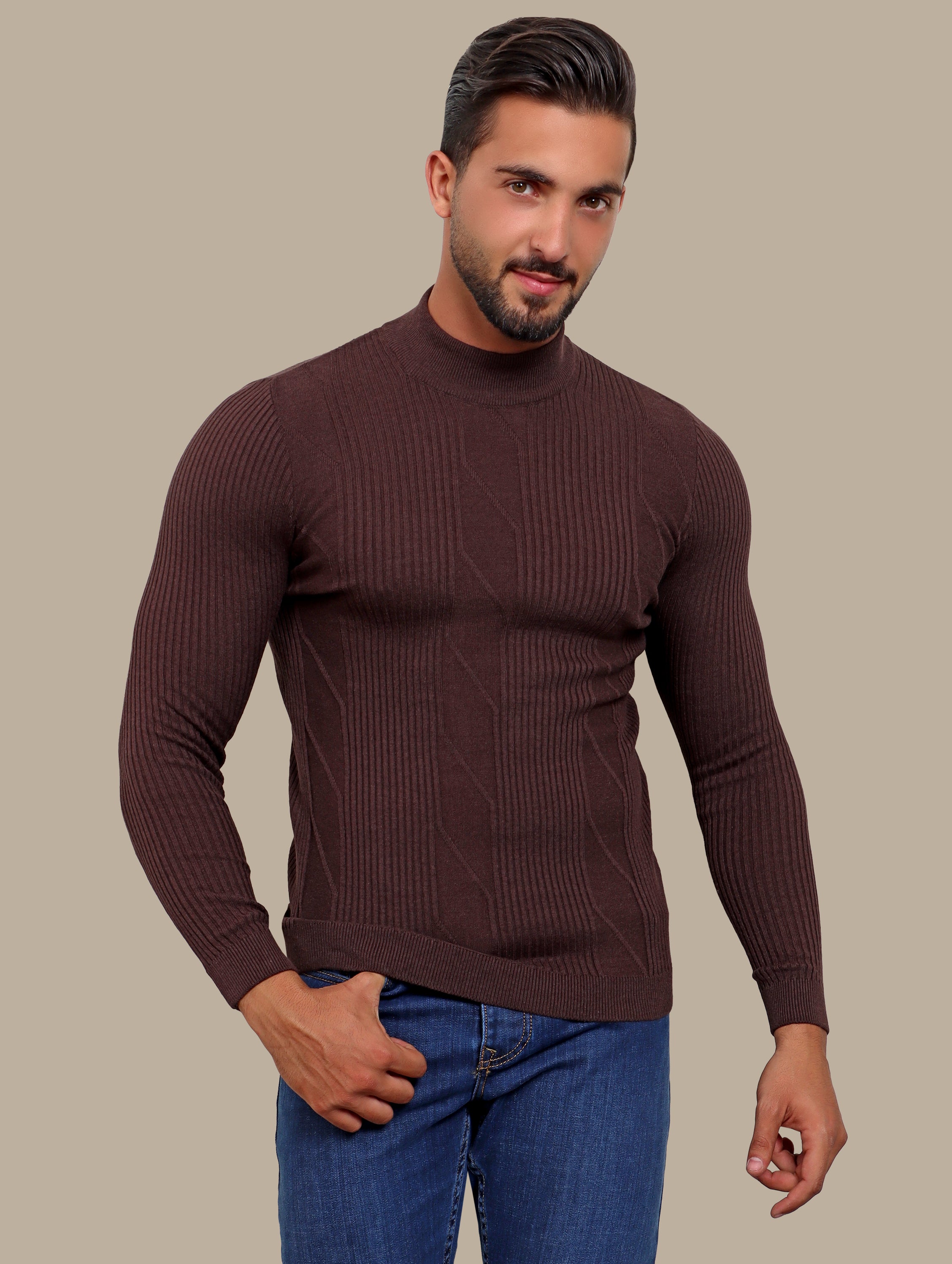 Sweater High Neck Ribbed | Brown
