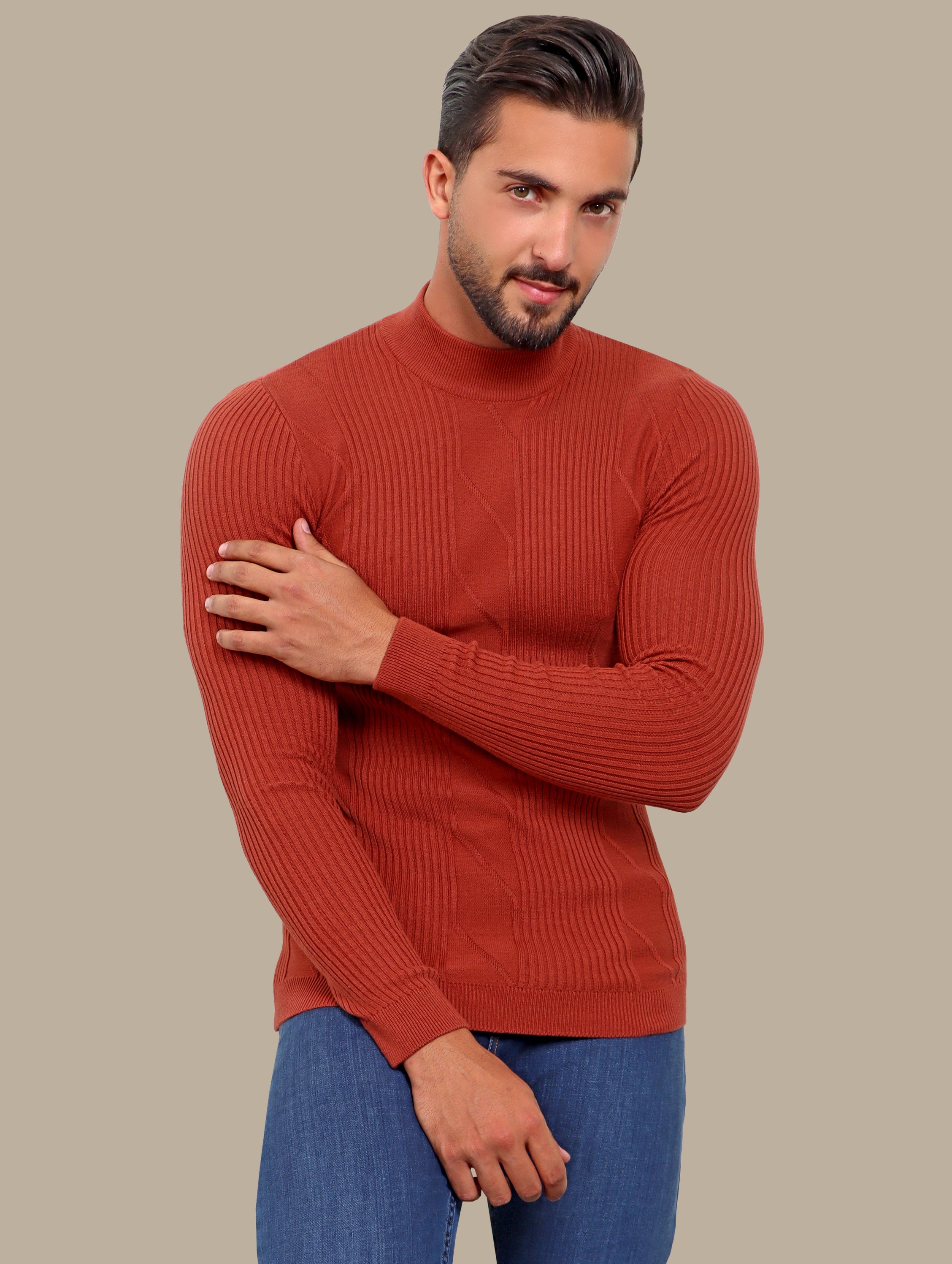 Sweater High Neck Ribbed | Brick