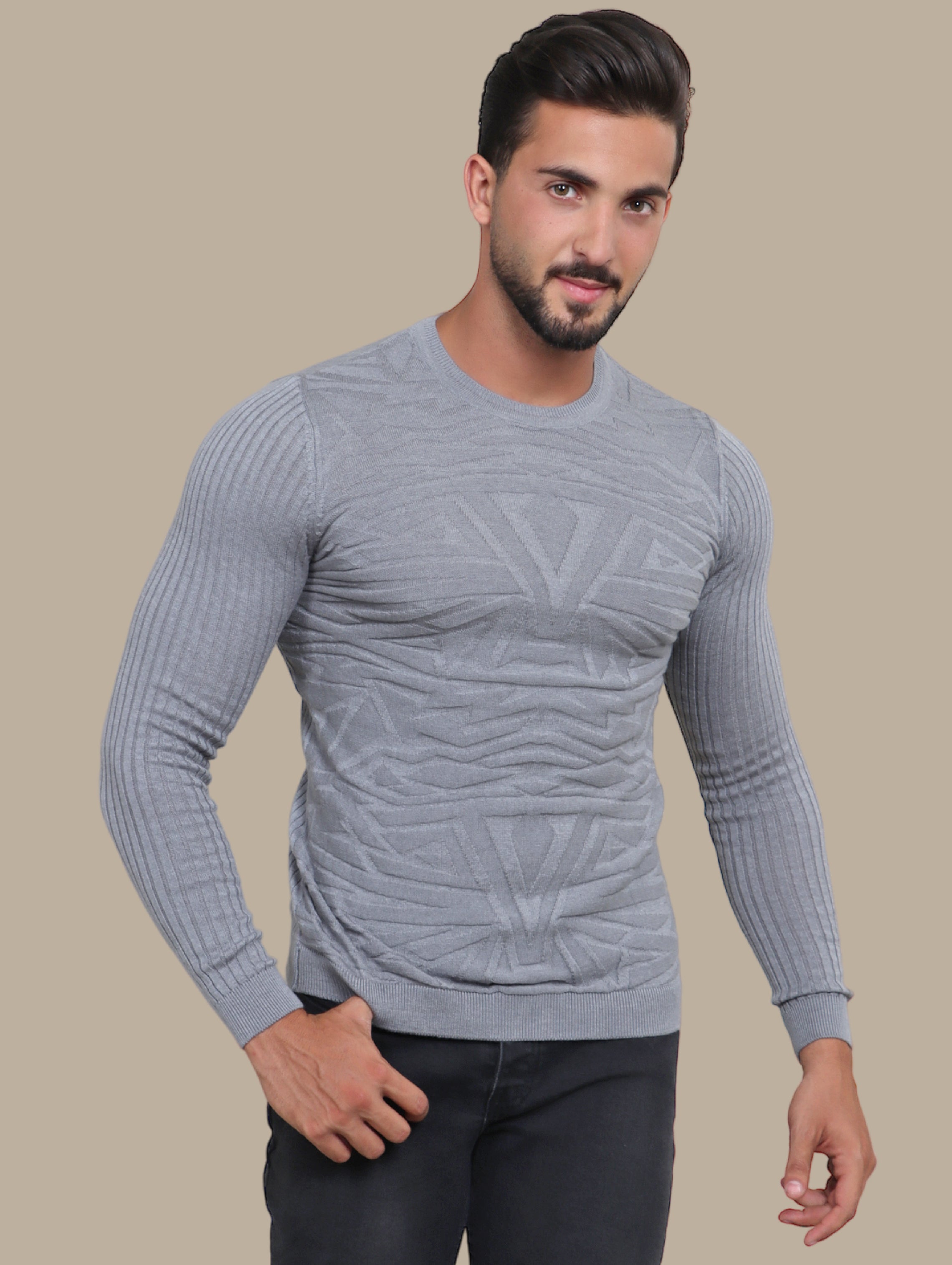 Sweater Jacquard R-Neck | Grey
