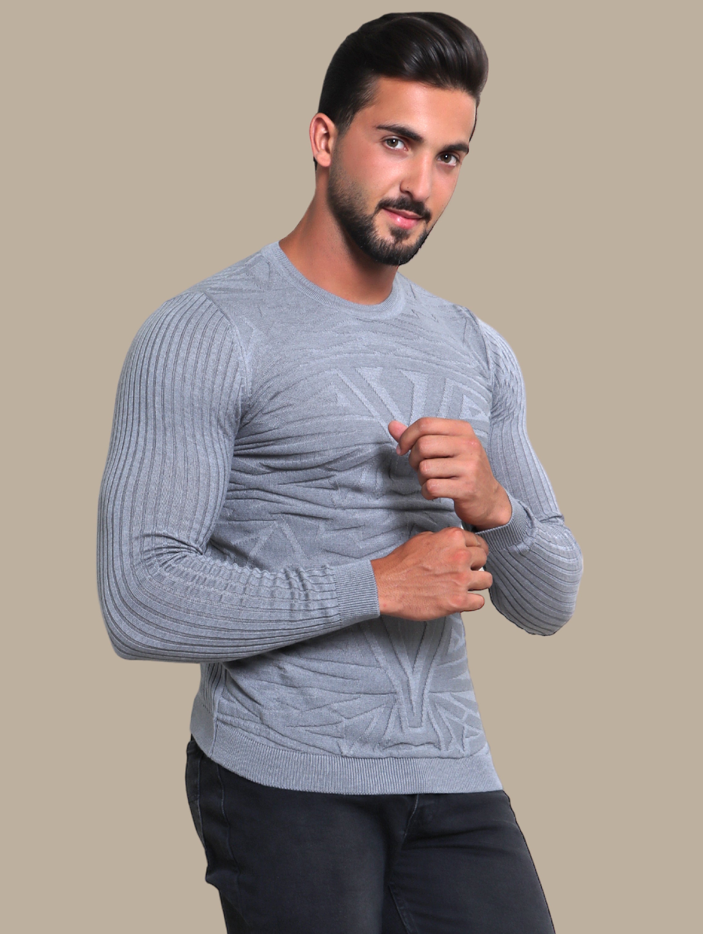 Sweater Jacquard R-Neck | Grey