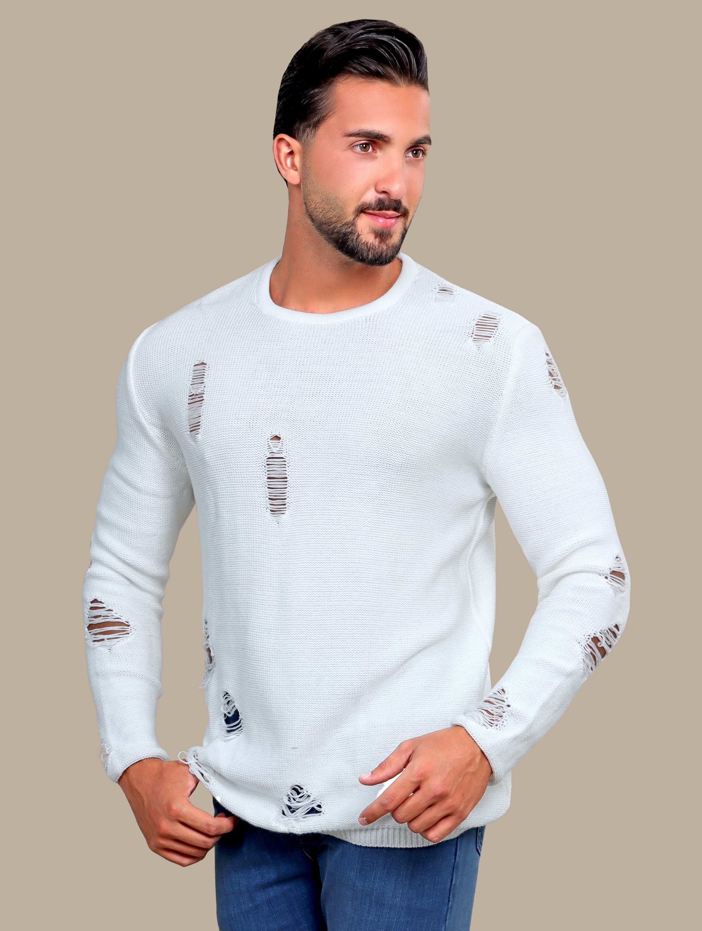 Sweater Destroyed R-Neck | White