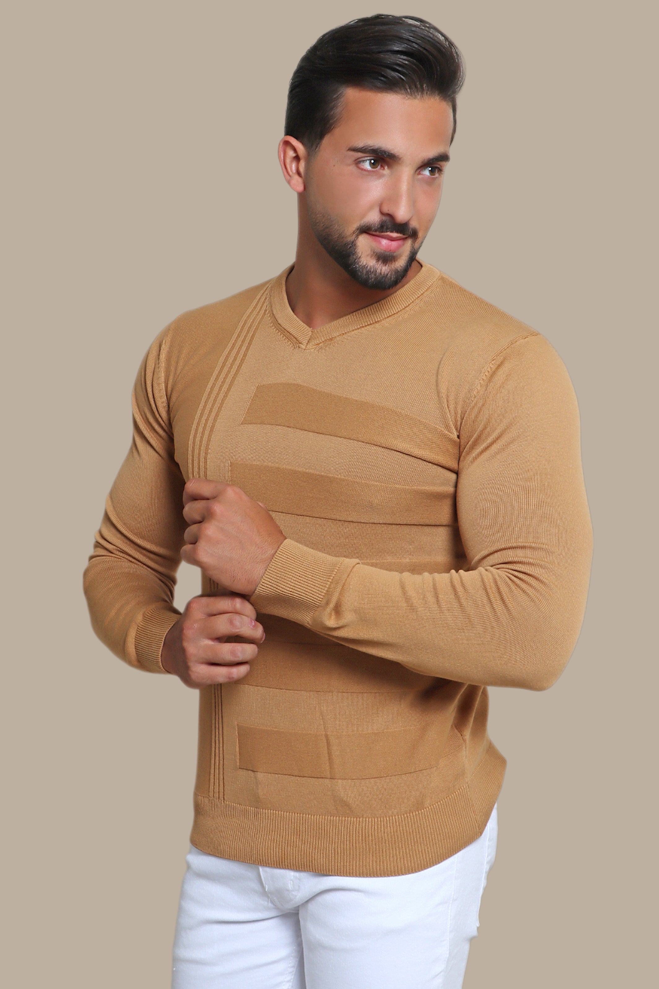 Camel Comfort: V-Neck Sweater Elegance
