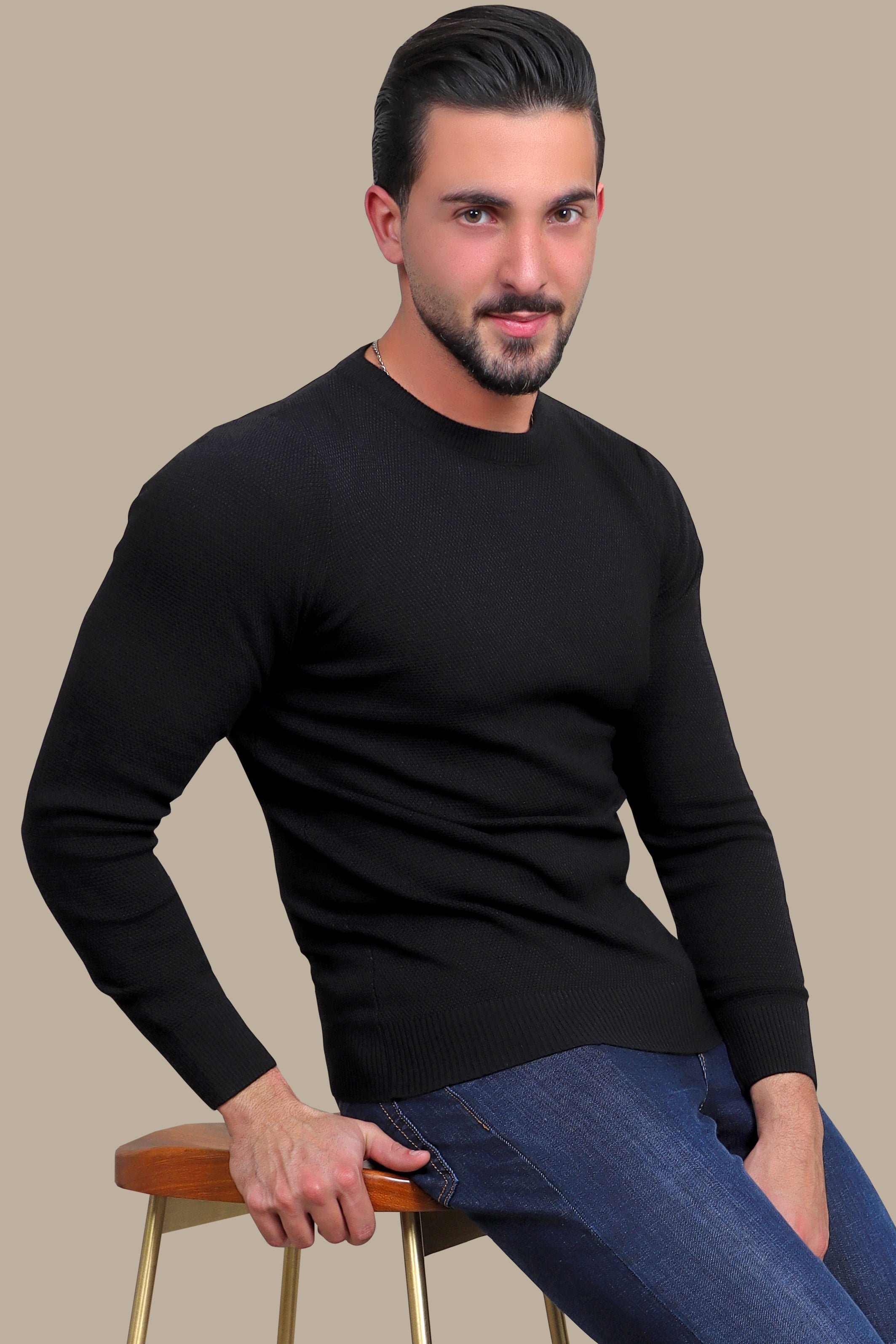 Classic Comfort: Black Round Neck Structured Sweater