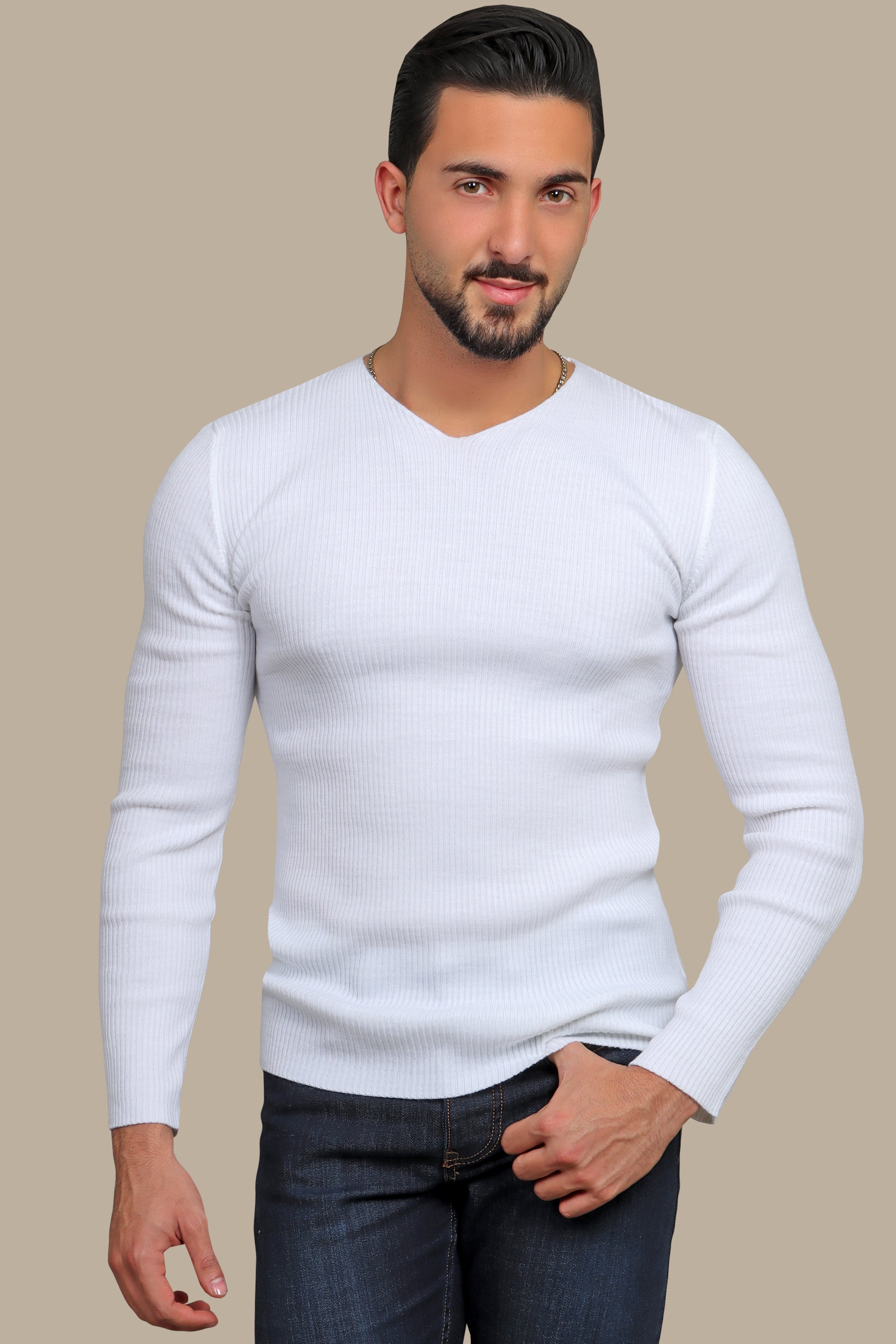 Classic White V-Neck Ribbed Sweater
