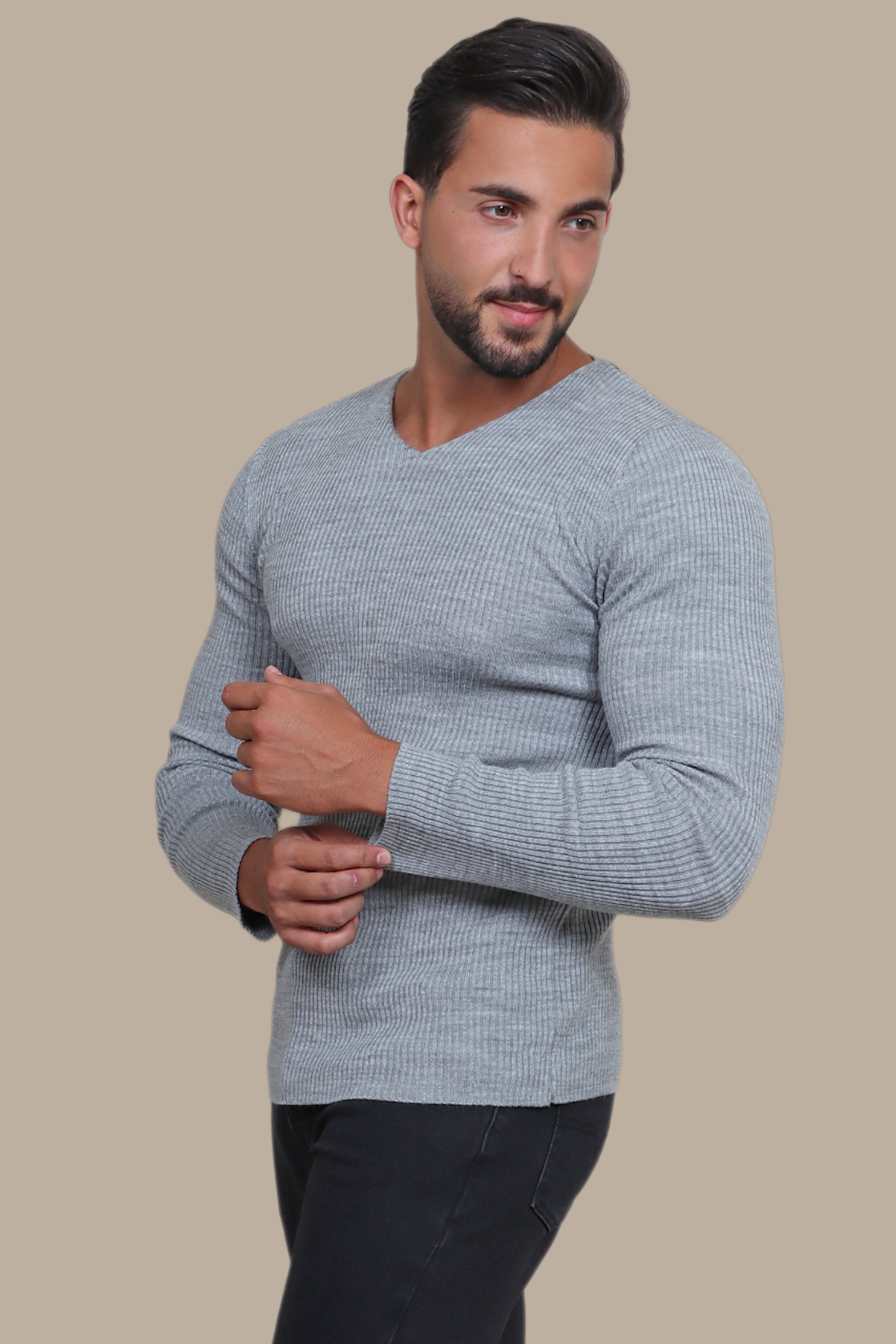 Gray Ribbed V-Neck Sweater