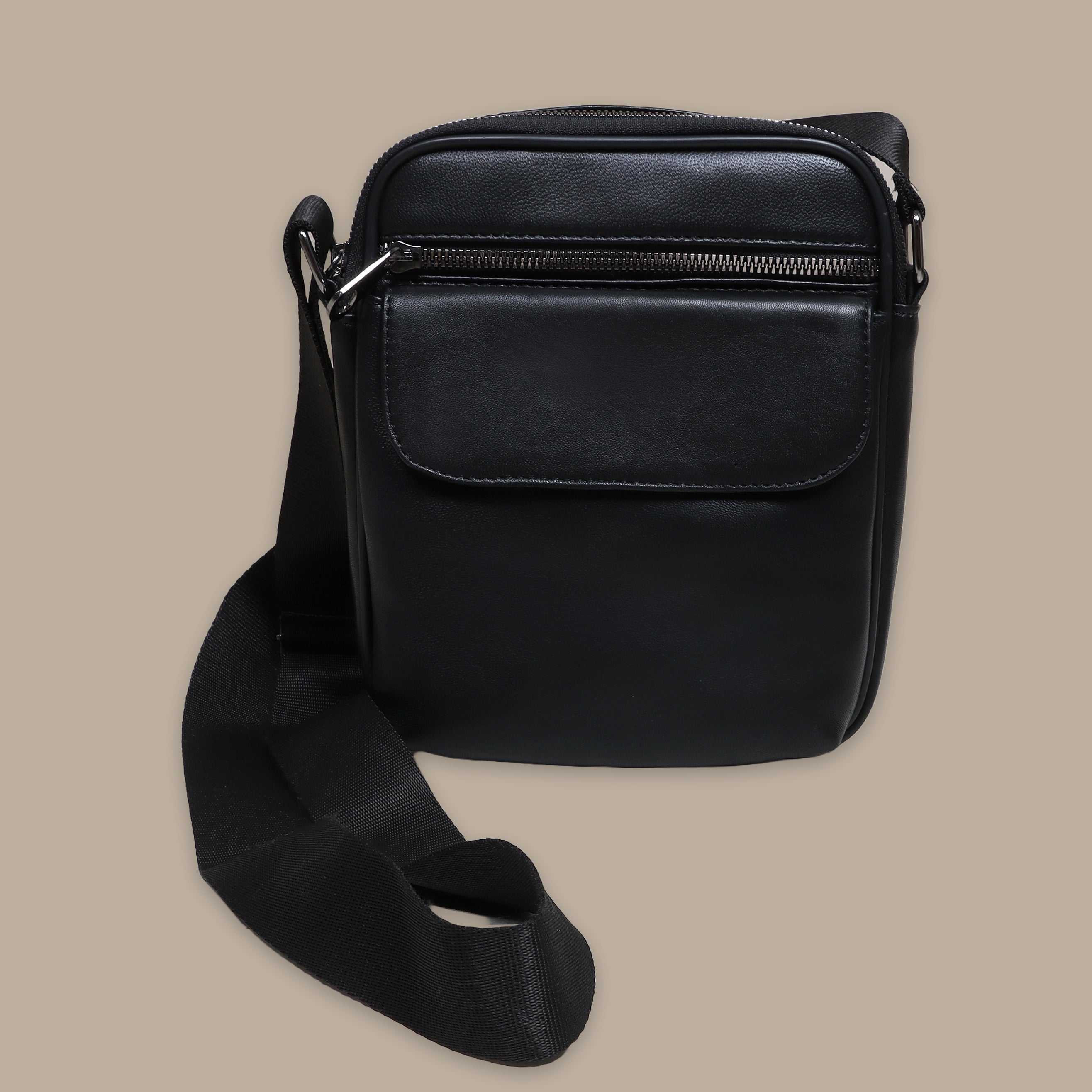 Nocturnal Utility: Black Leather Crossbody with Flap Pockets and Triple Zippers