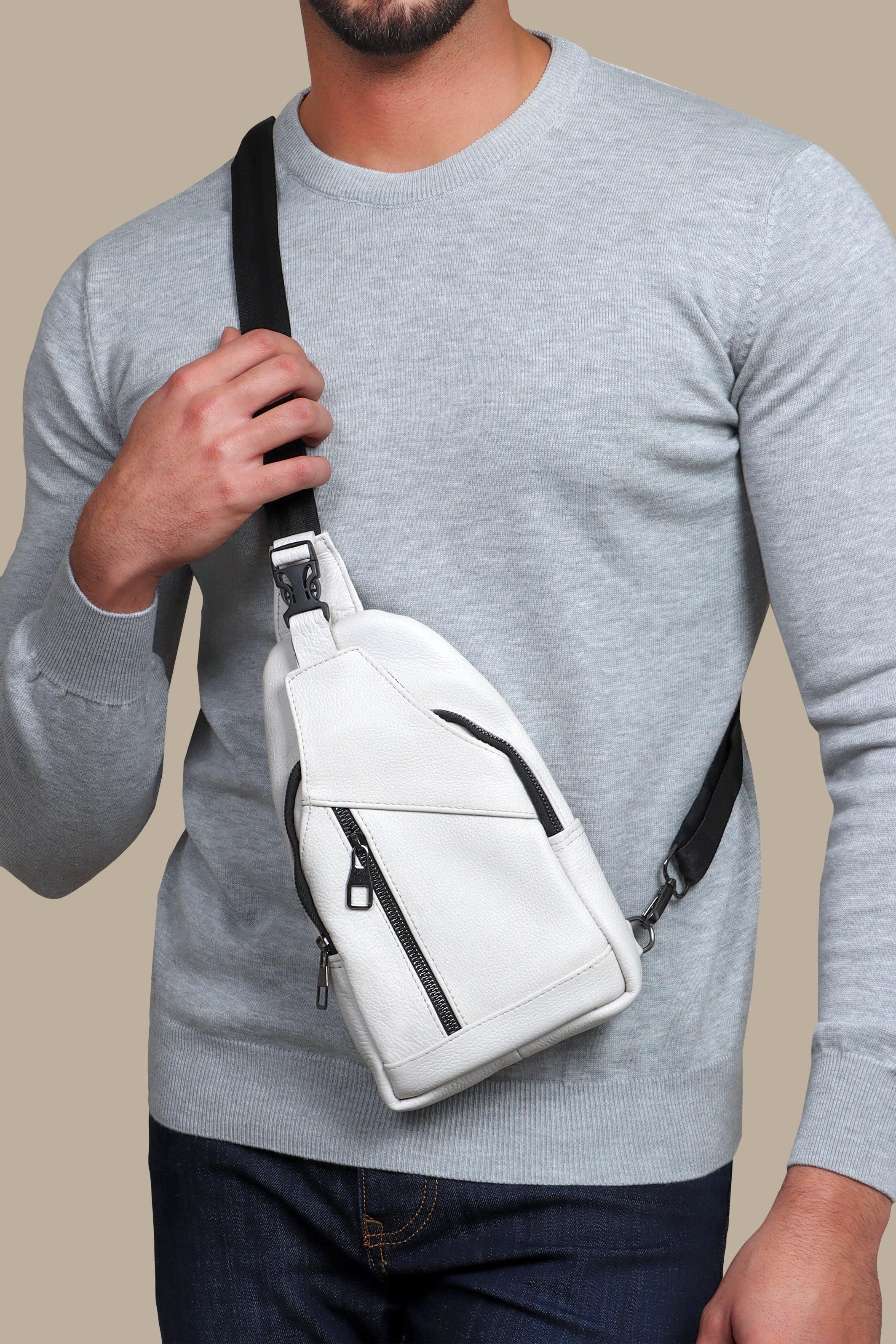 Timeless White Leather Crossbody Bag with Curved Elegance