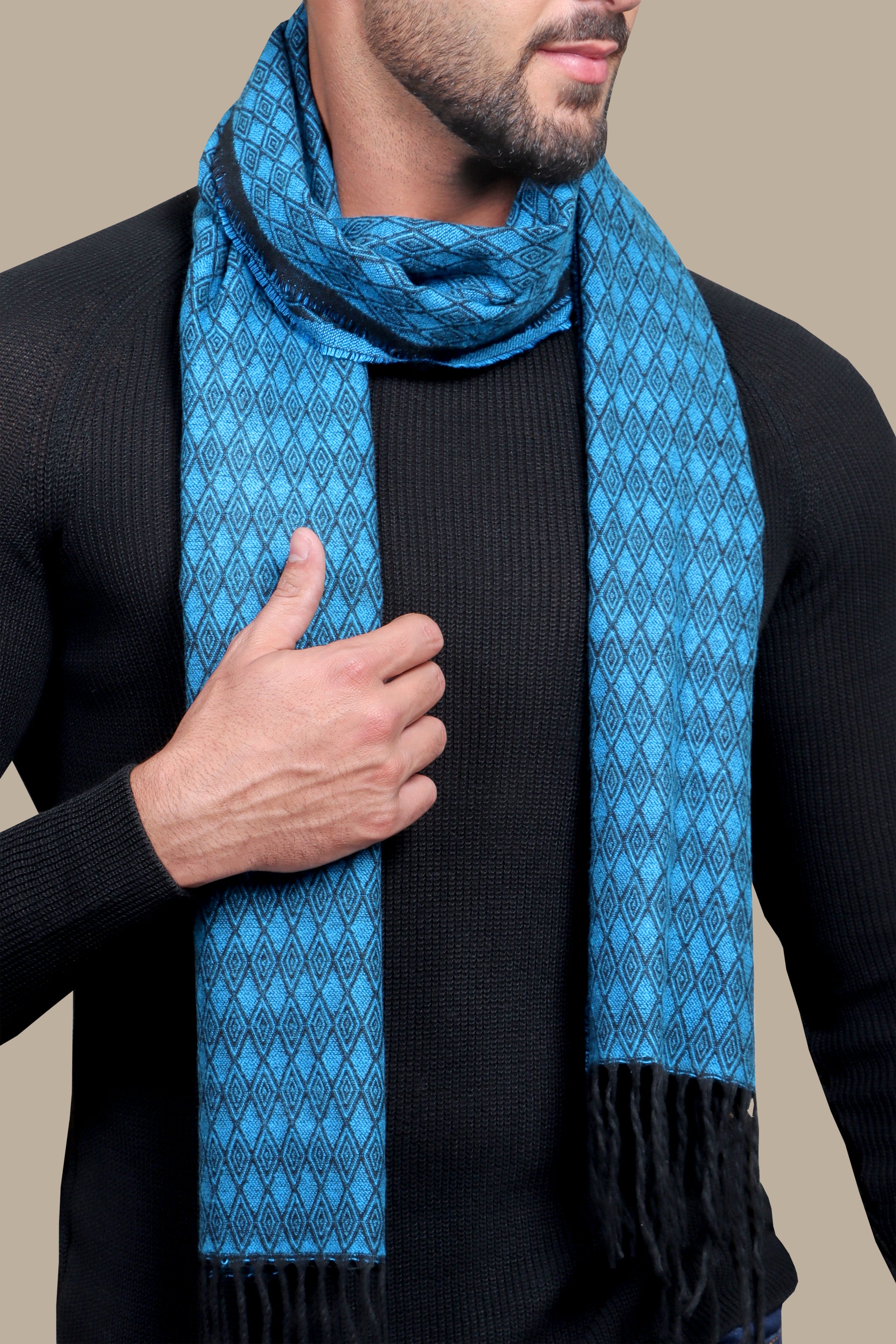 Aqua Elegance: Wool Scarf with Enchanting Damask Print