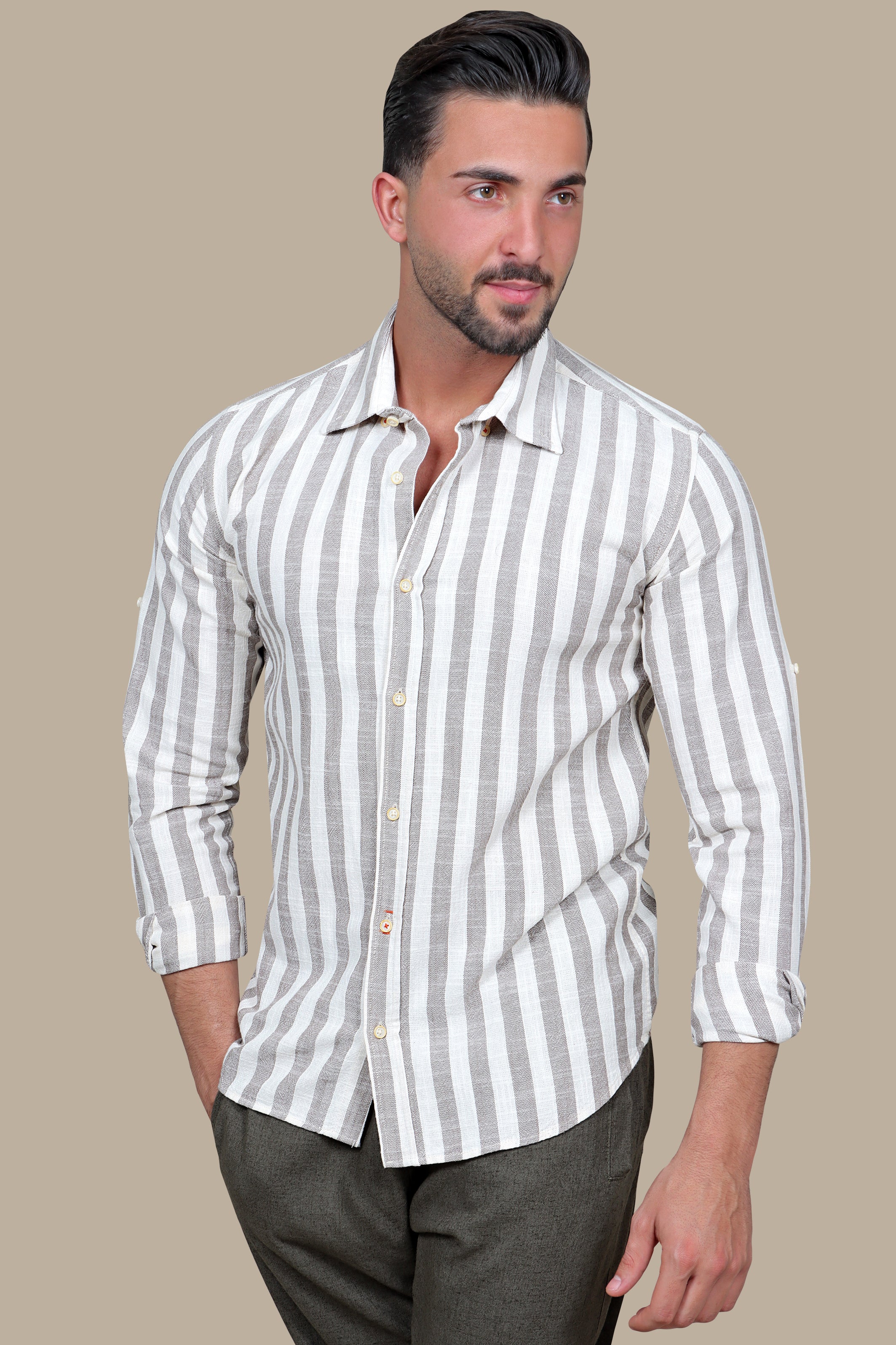 Shirt Linen with Wide Stripes | Brown