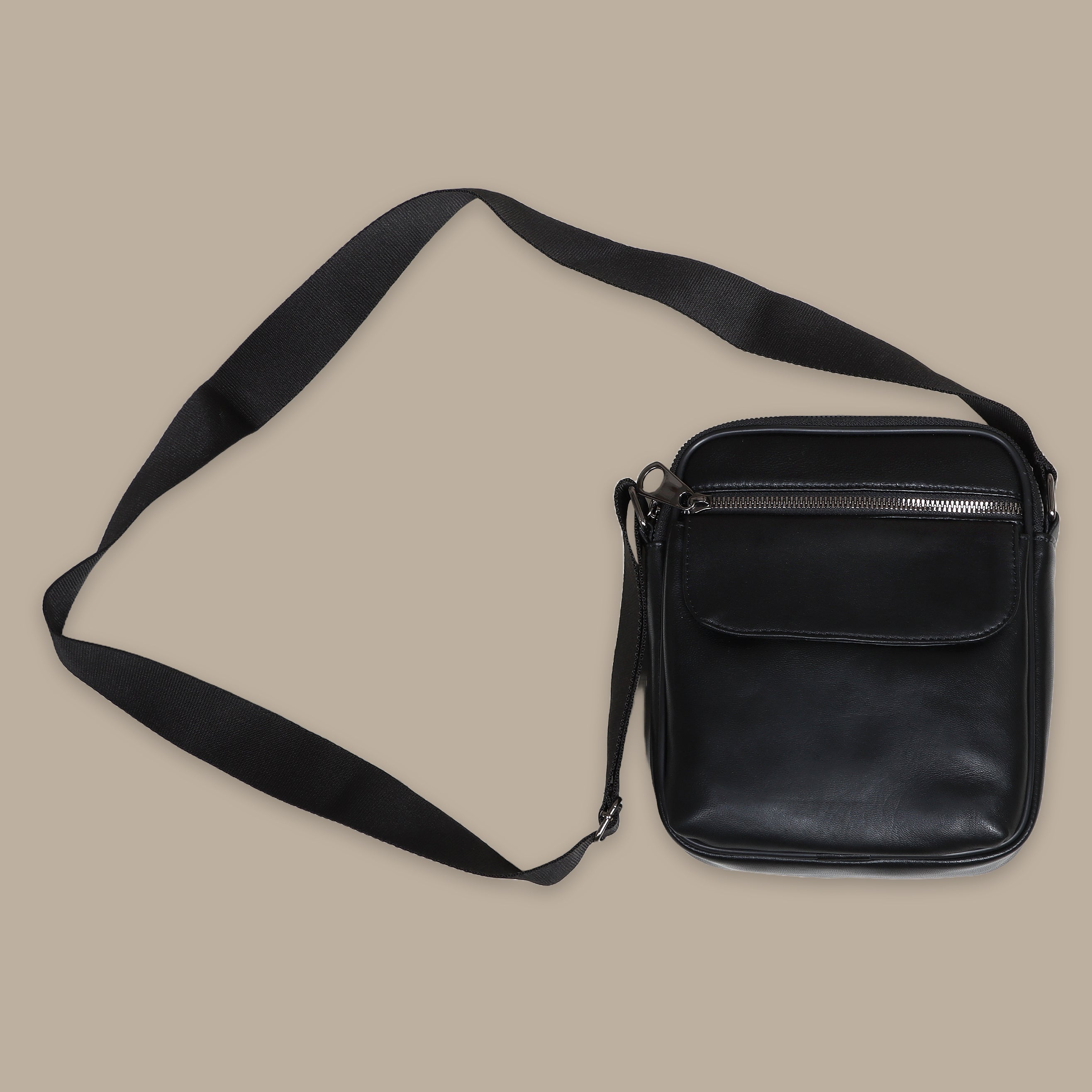Nocturnal Utility: Black Leather Crossbody with Flap Pockets and Triple Zippers