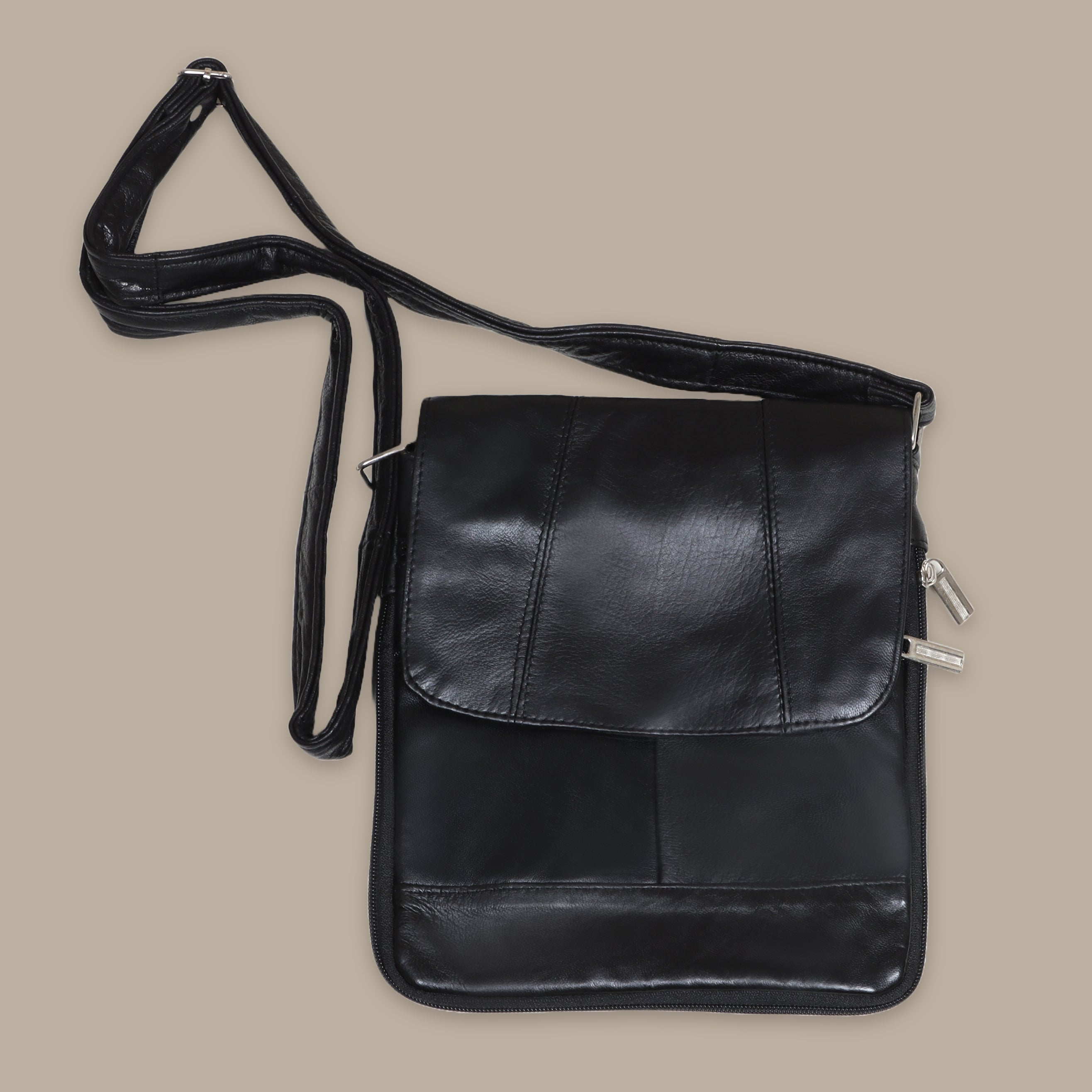Noir Stitched Elegance: Black Leather Crossbody with Flap Pockets