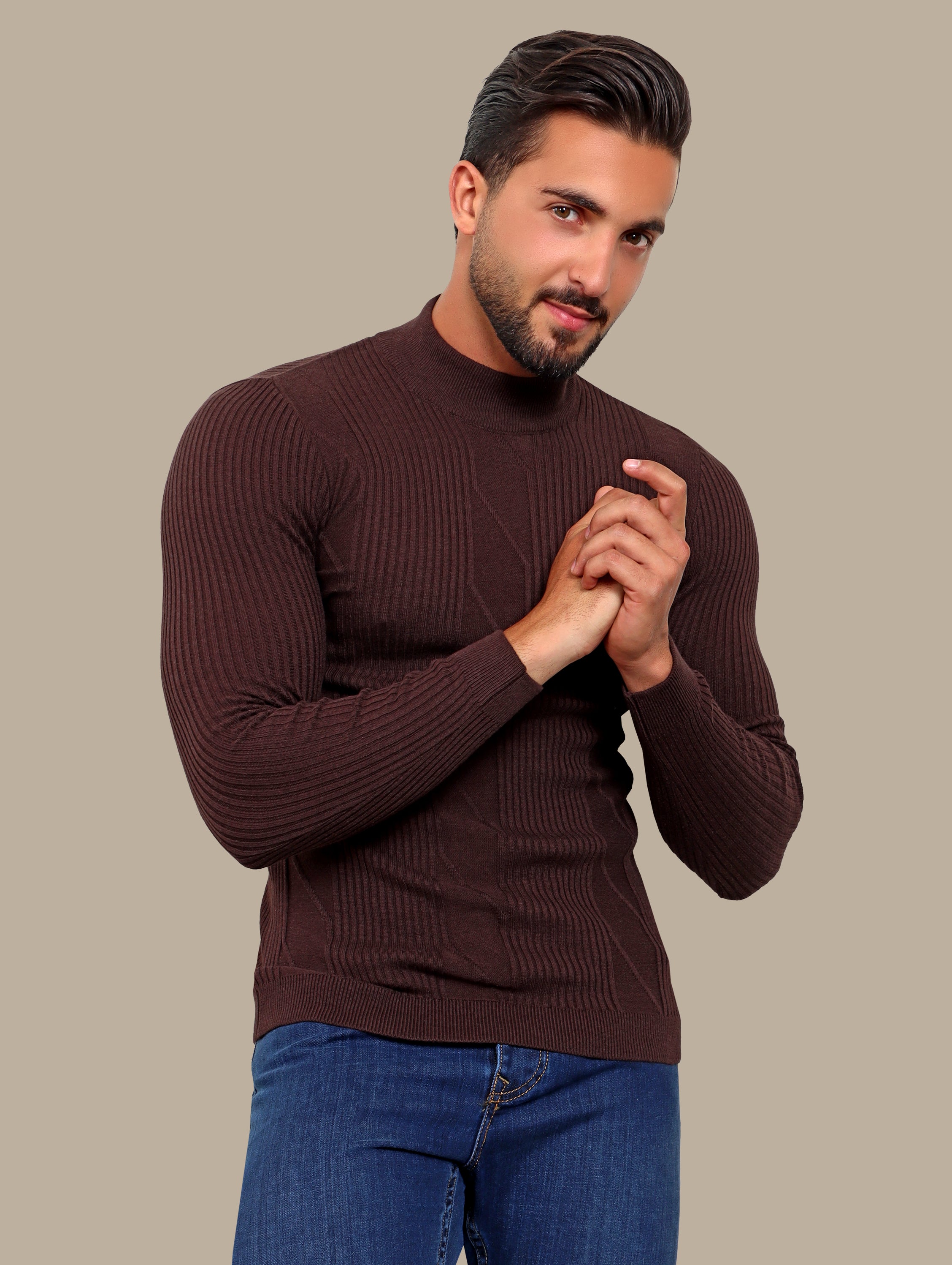 Sweater High Neck Ribbed | Brown