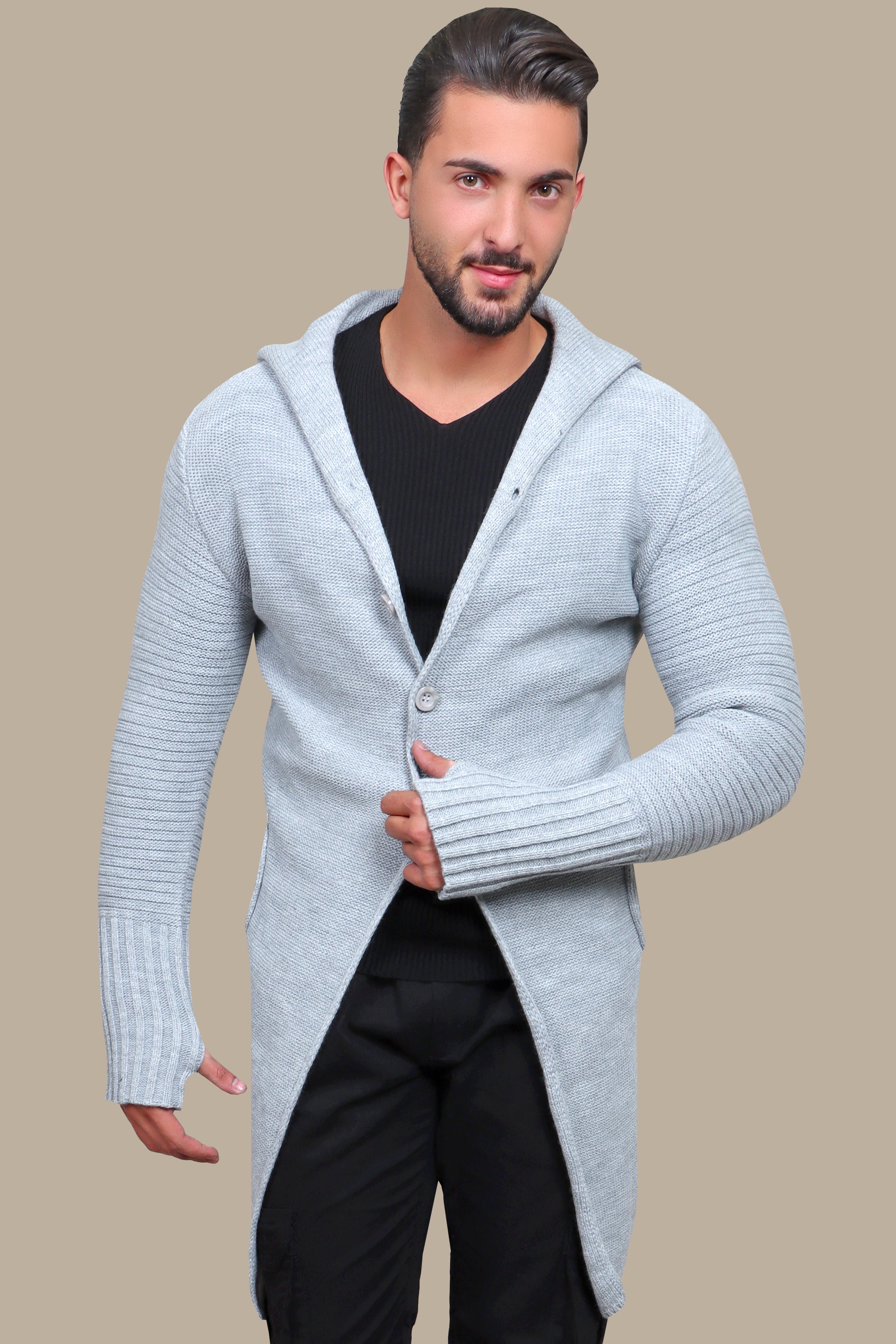 Light Gray Long Cardigan with Ribbed Sleeves: Cozy Comfort with a Stylish Twist