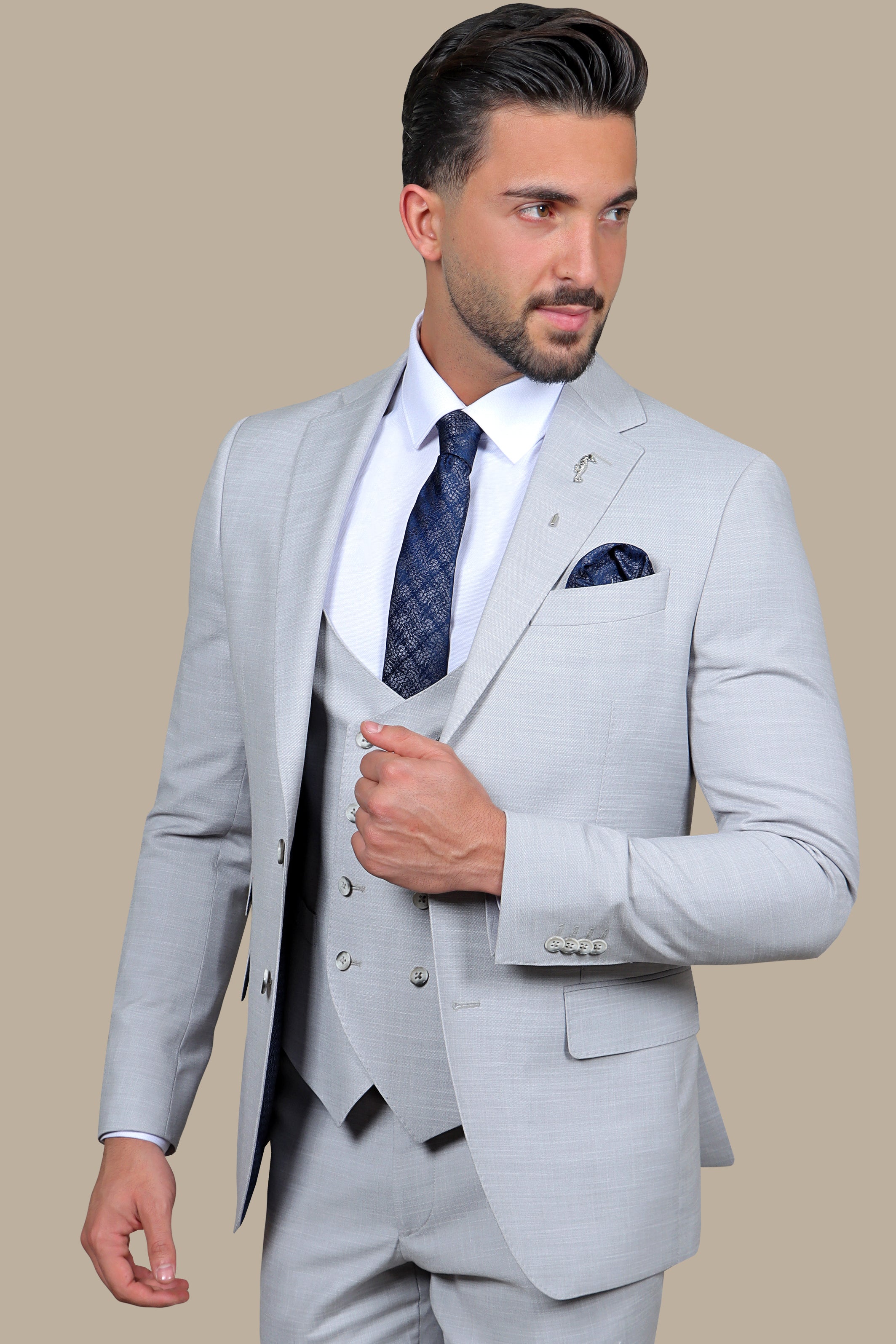 Refined Elegance: Light Grey Fil a Fil Lycra Notch 3-Piece Suit