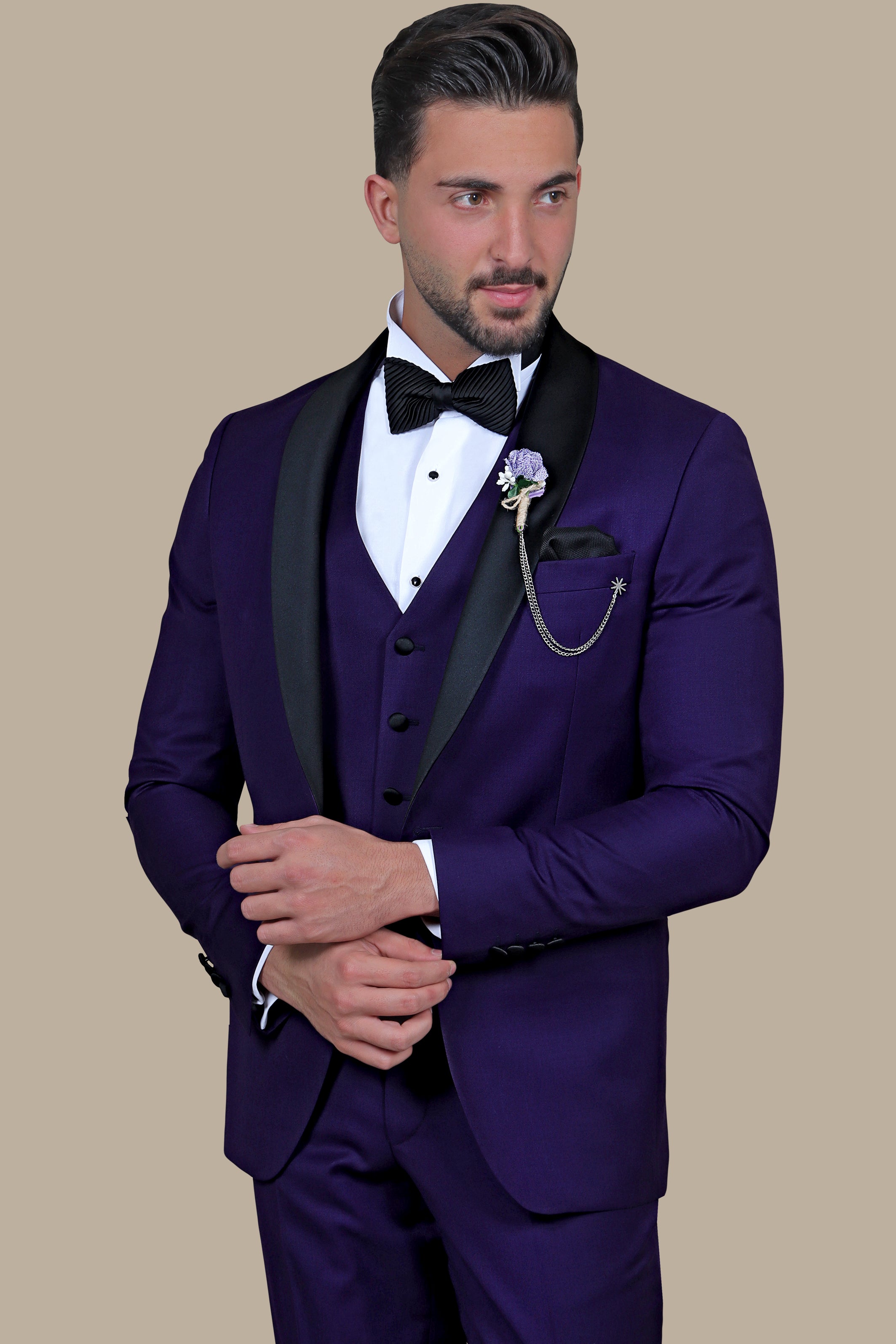 Regal Splendor: Purple Shawl Collar 3-Piece Tuxedo