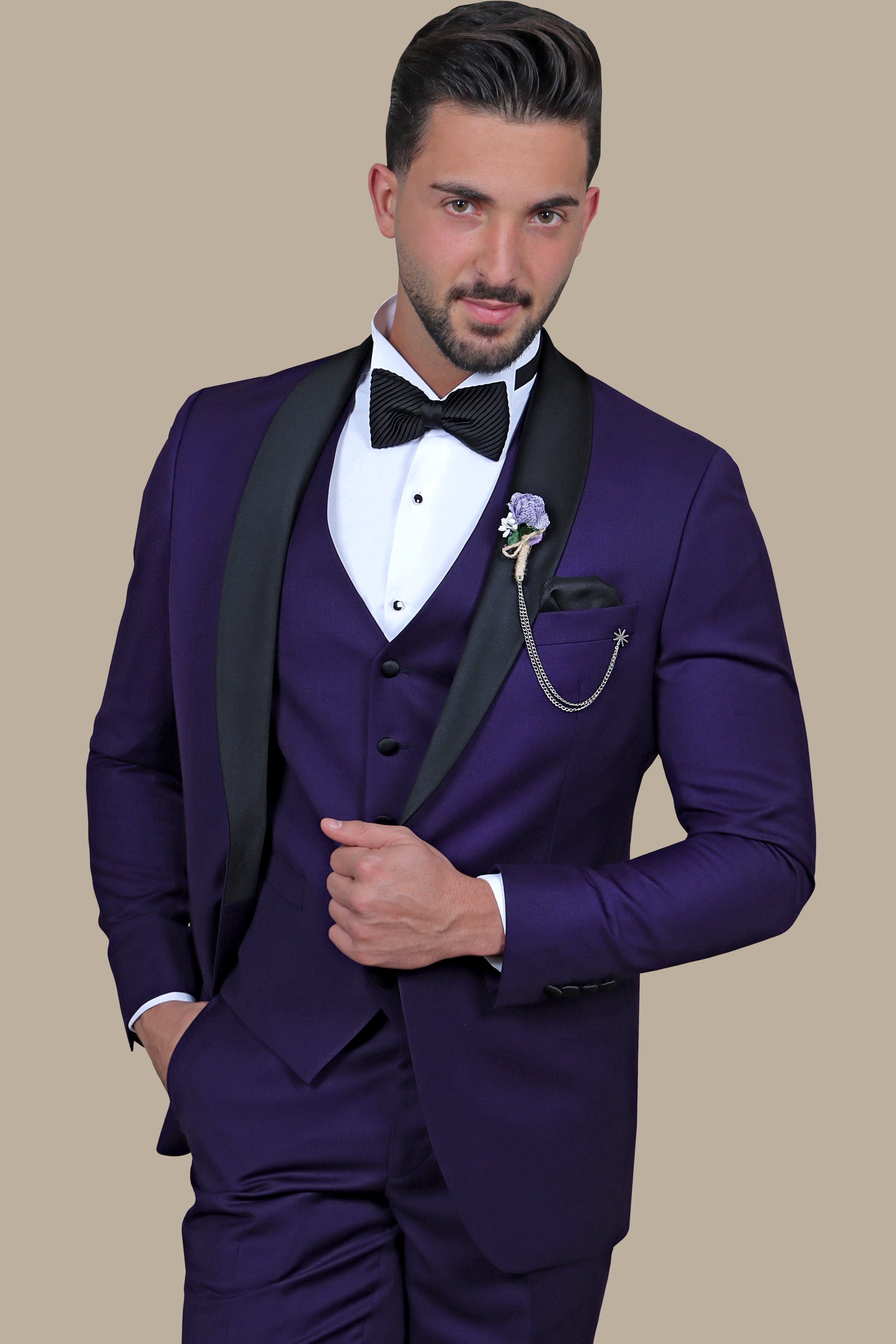 Regal Splendor: Purple Shawl Collar 3-Piece Tuxedo