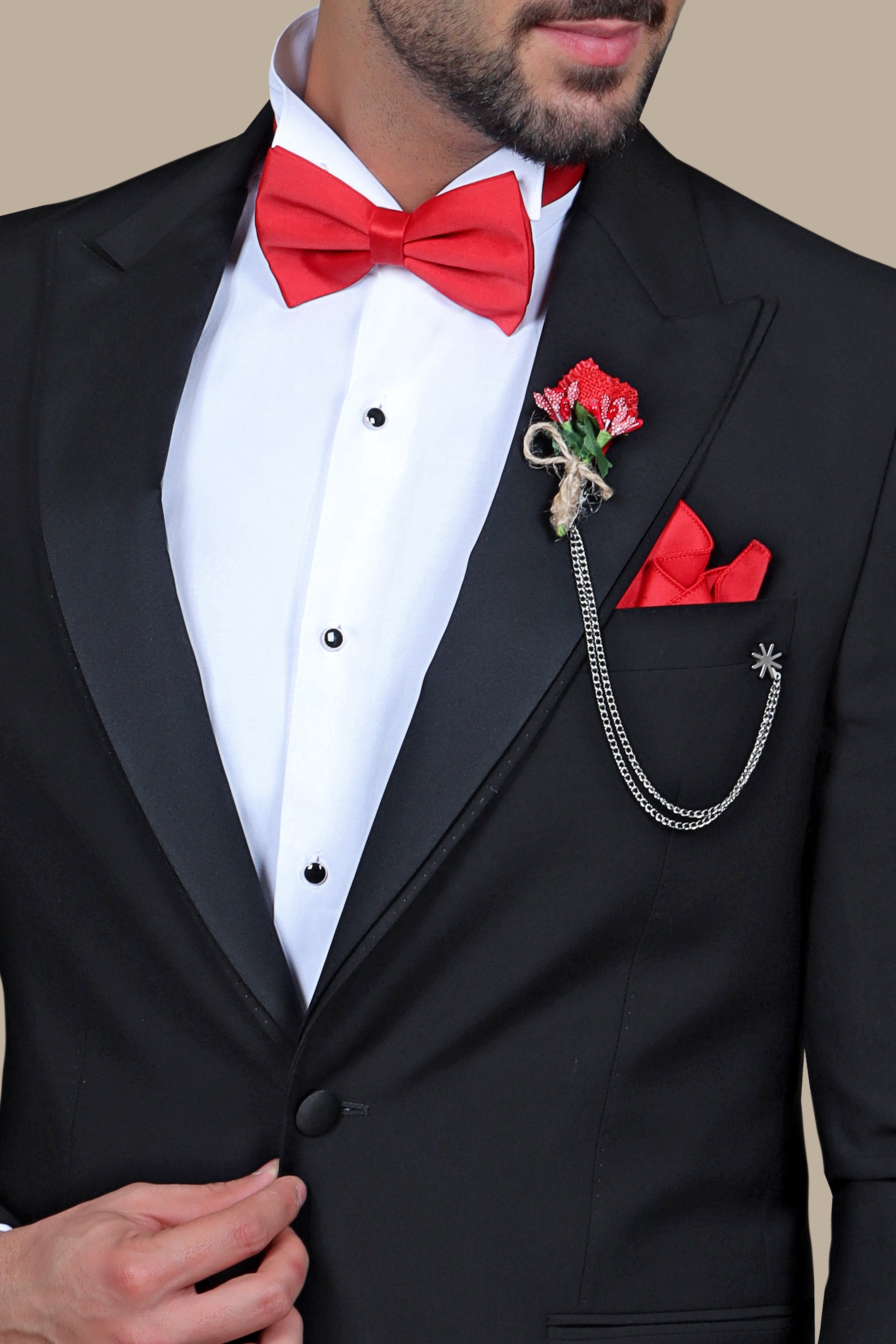 Double Layered Elegance: Black Peak Lapel Tuxedo Suit