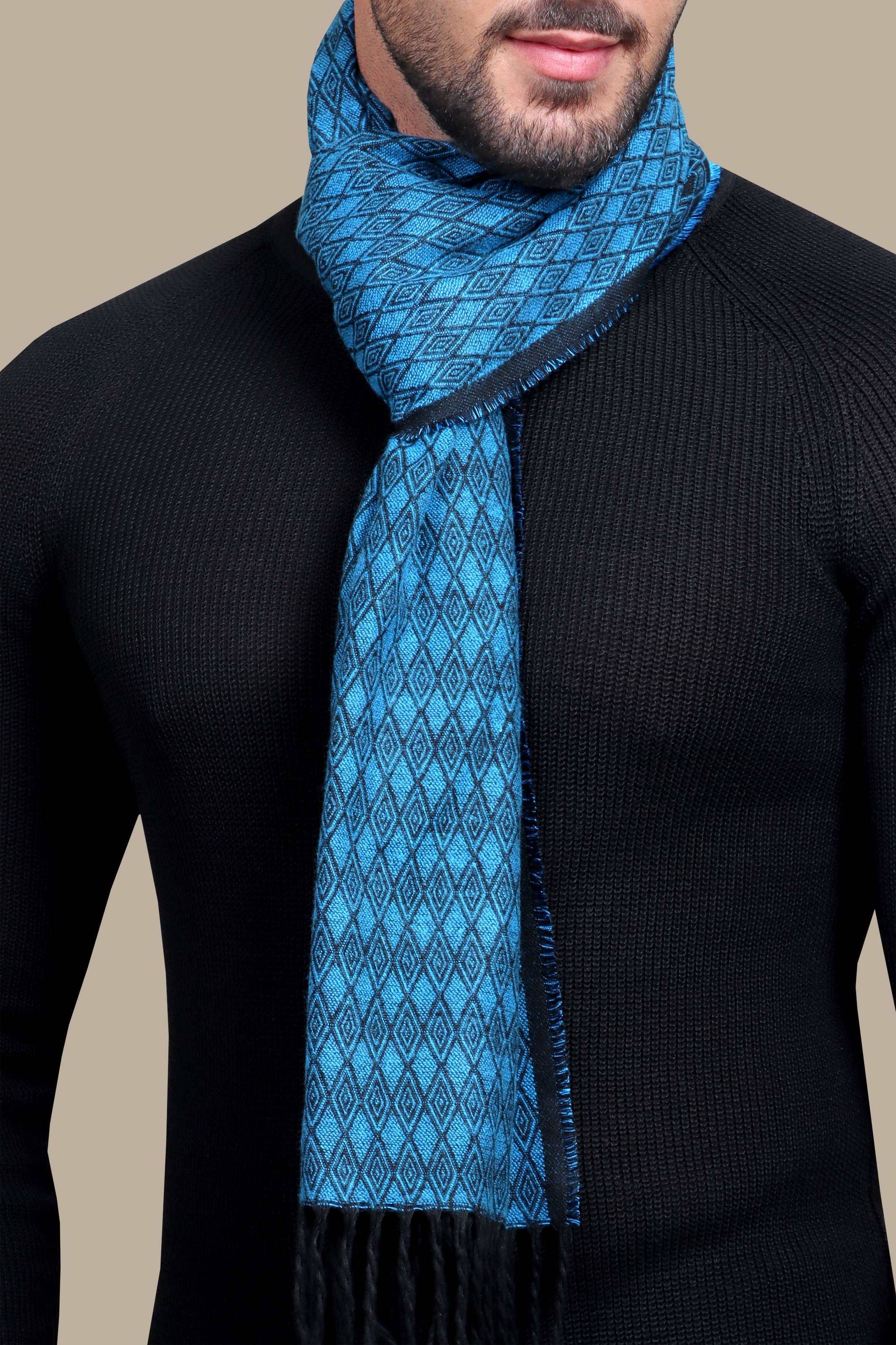 Aqua Elegance: Wool Scarf with Enchanting Damask Print