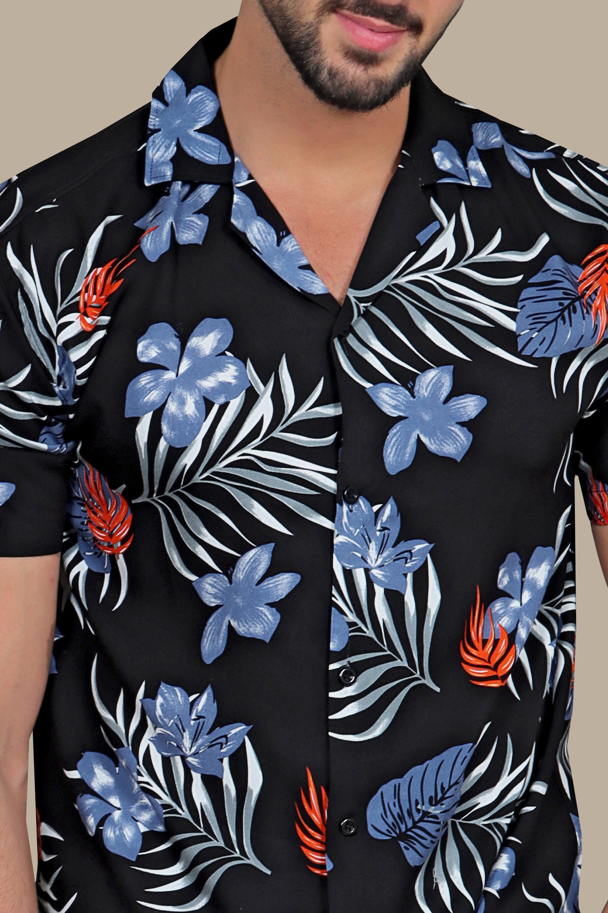 Black Hawaiian Shirt with Blue Leaves Print