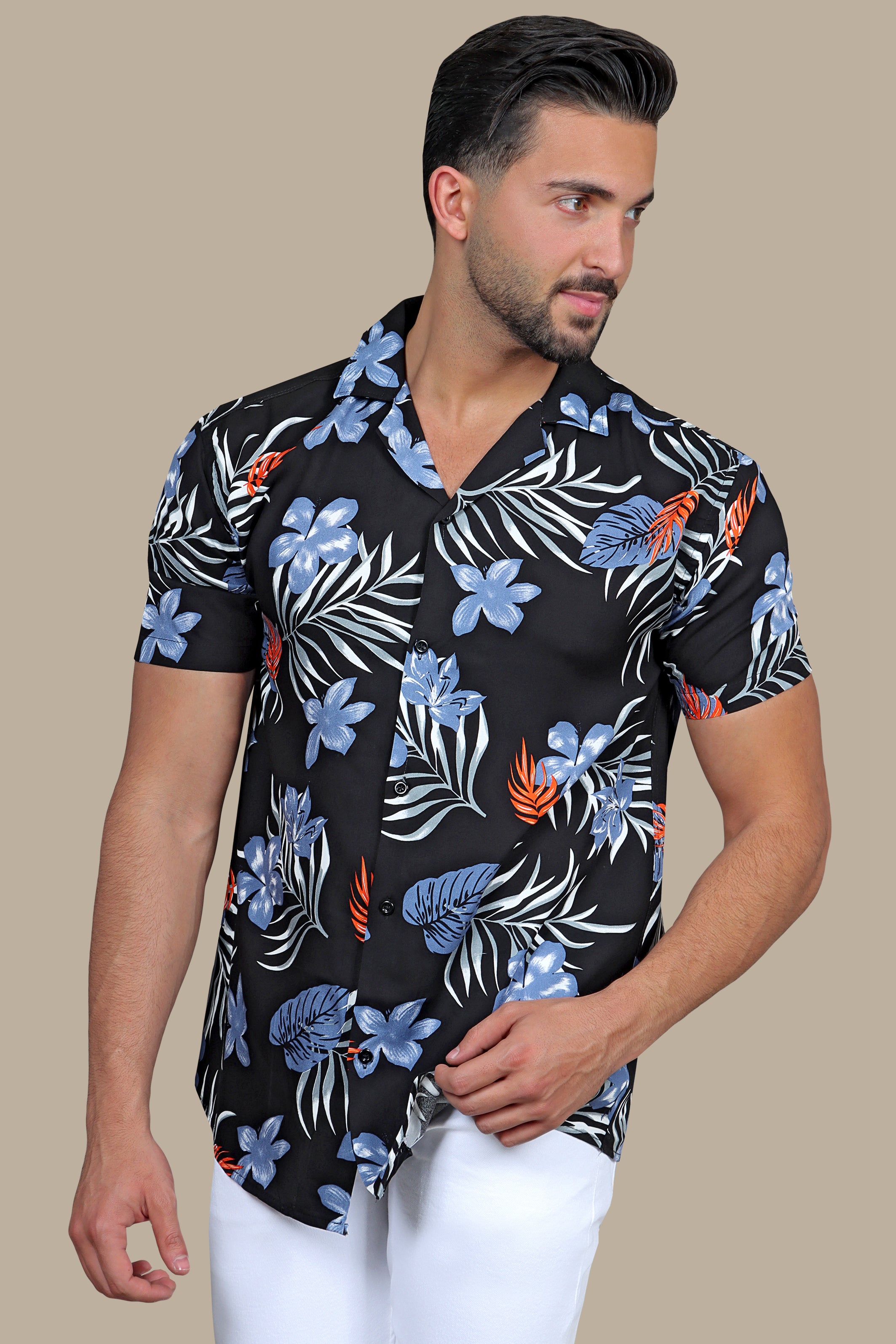 Black Hawaiian Shirt with Blue Leaves Print