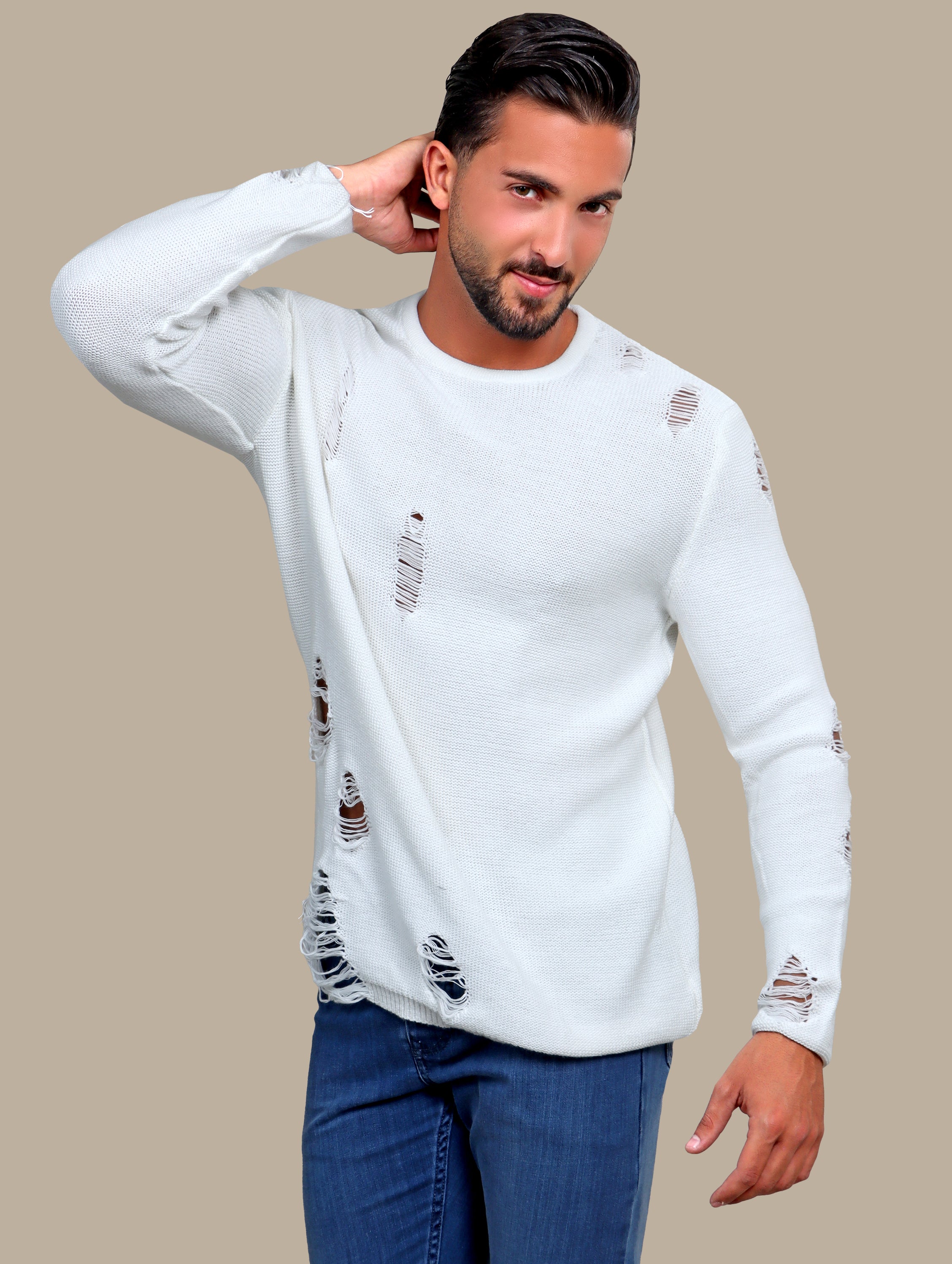 Sweater Destroyed R-Neck | White