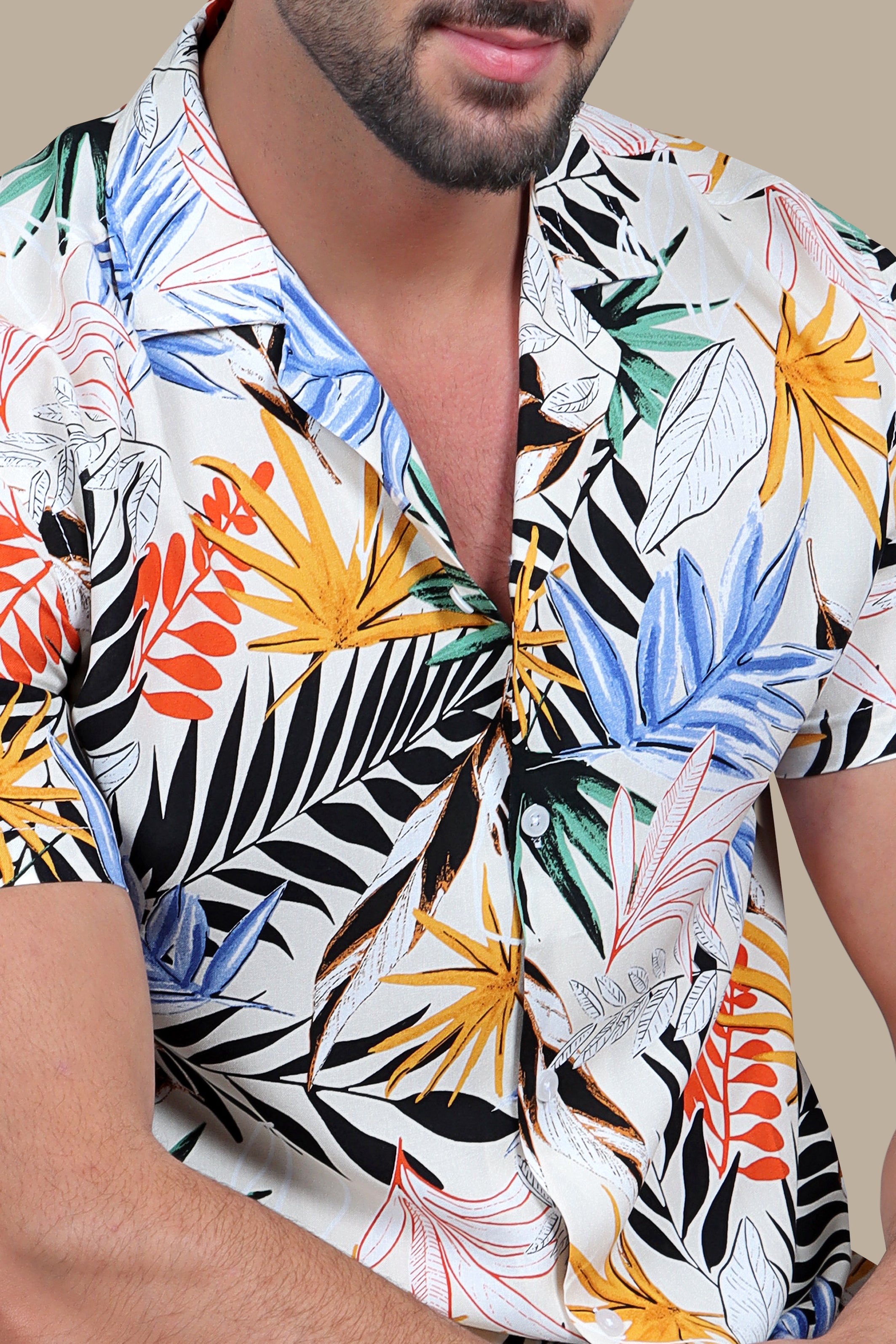 Island Elegance: Beige Multi-Color Leaf Print Hawaiian Shirt