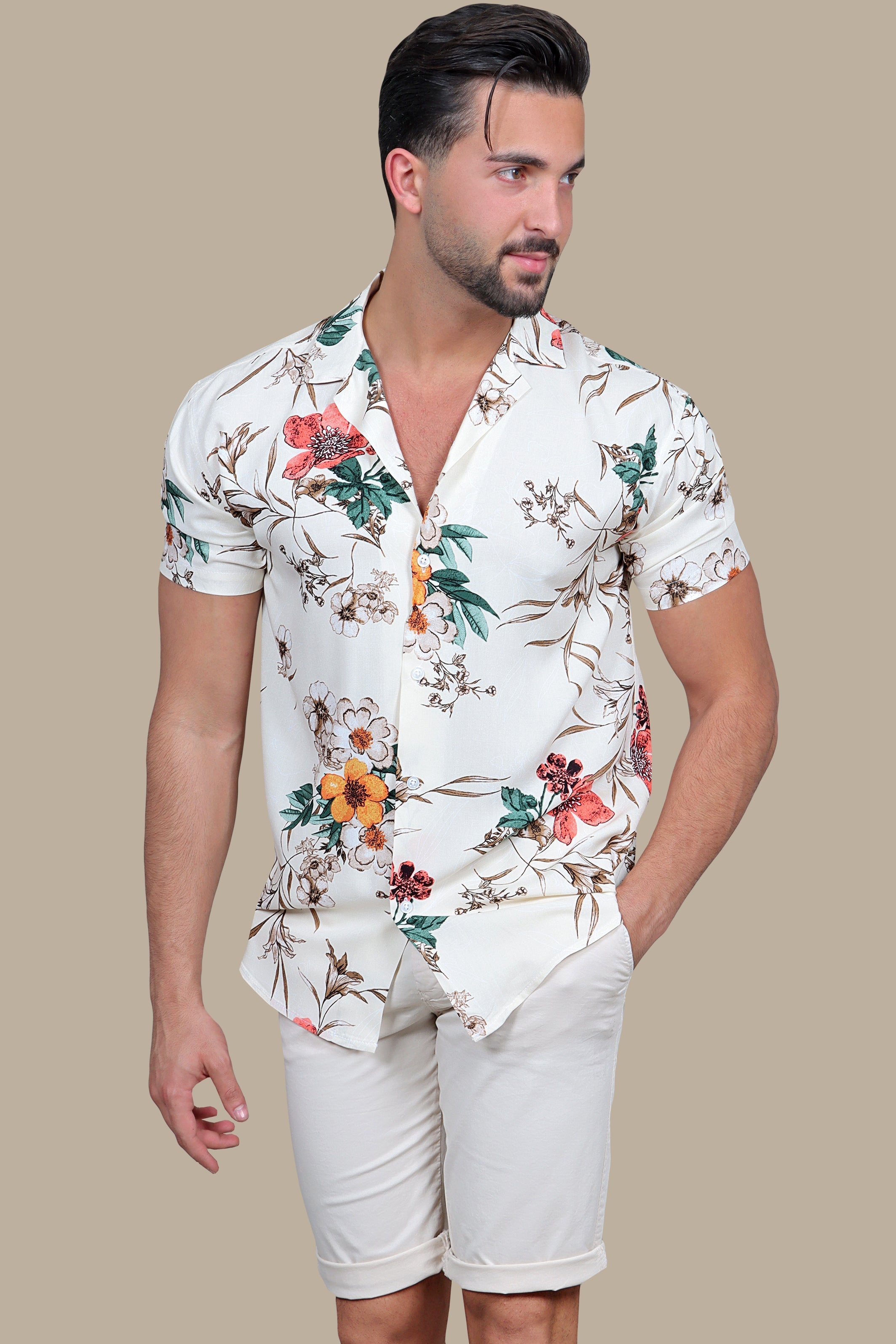 Tropical Blossom: Beige Hawaiian Shirt with Brown Flower & Pink Print