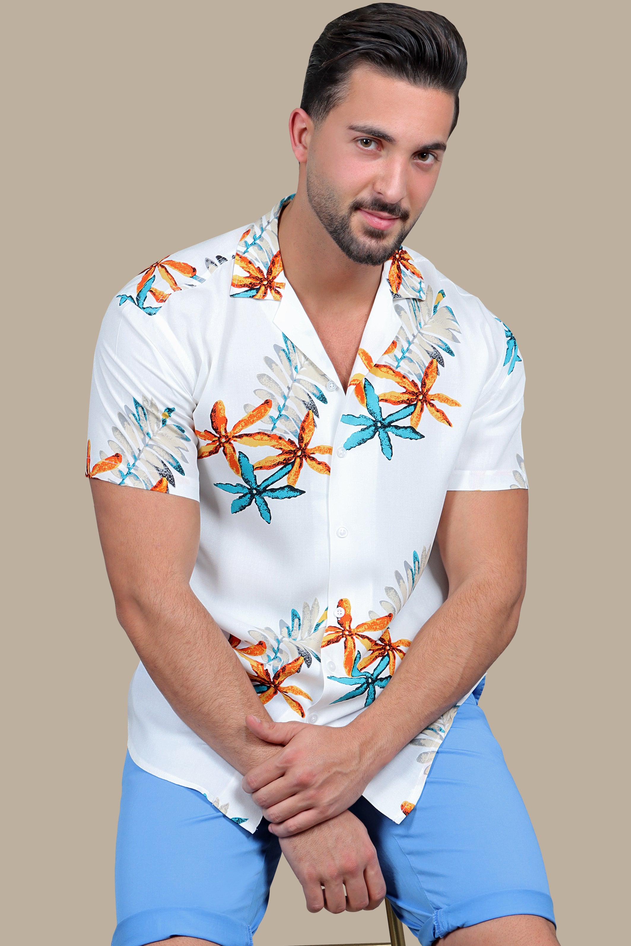 Starry Shores: White Hawaii Shirt with 3 Stars Print