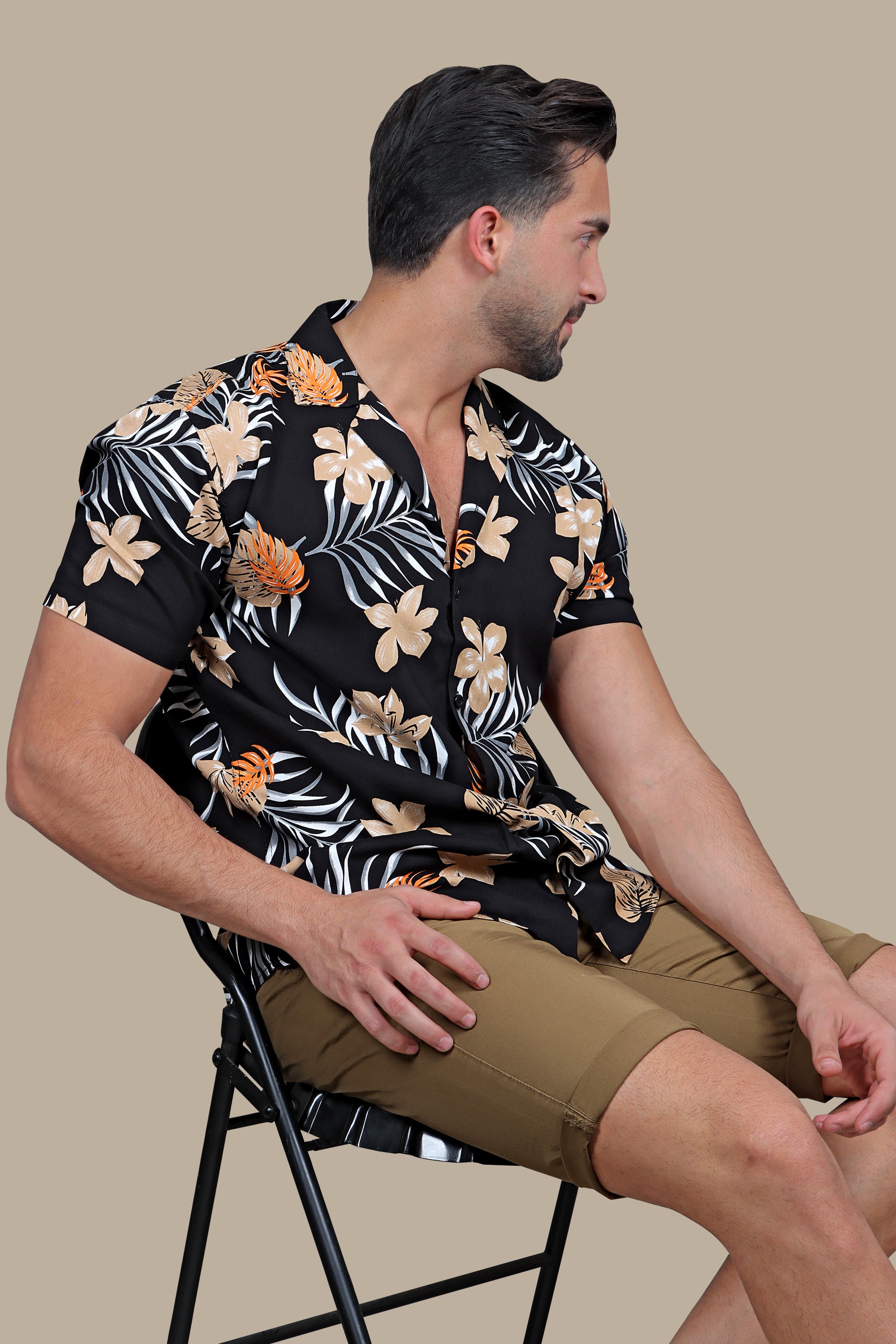 Night Bloom: Black Hawaii Shirt with Beige Flowers